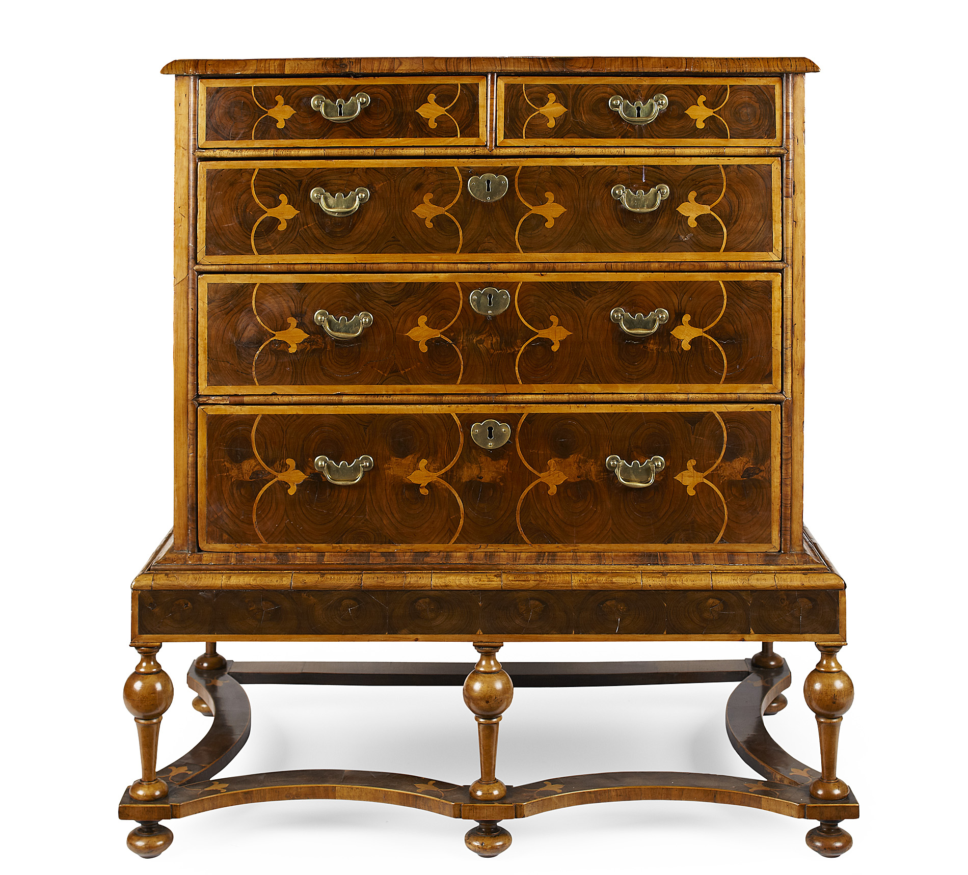 WILLIAM & MARY OYSTER VENEER AND INLAID CHEST ON STAND