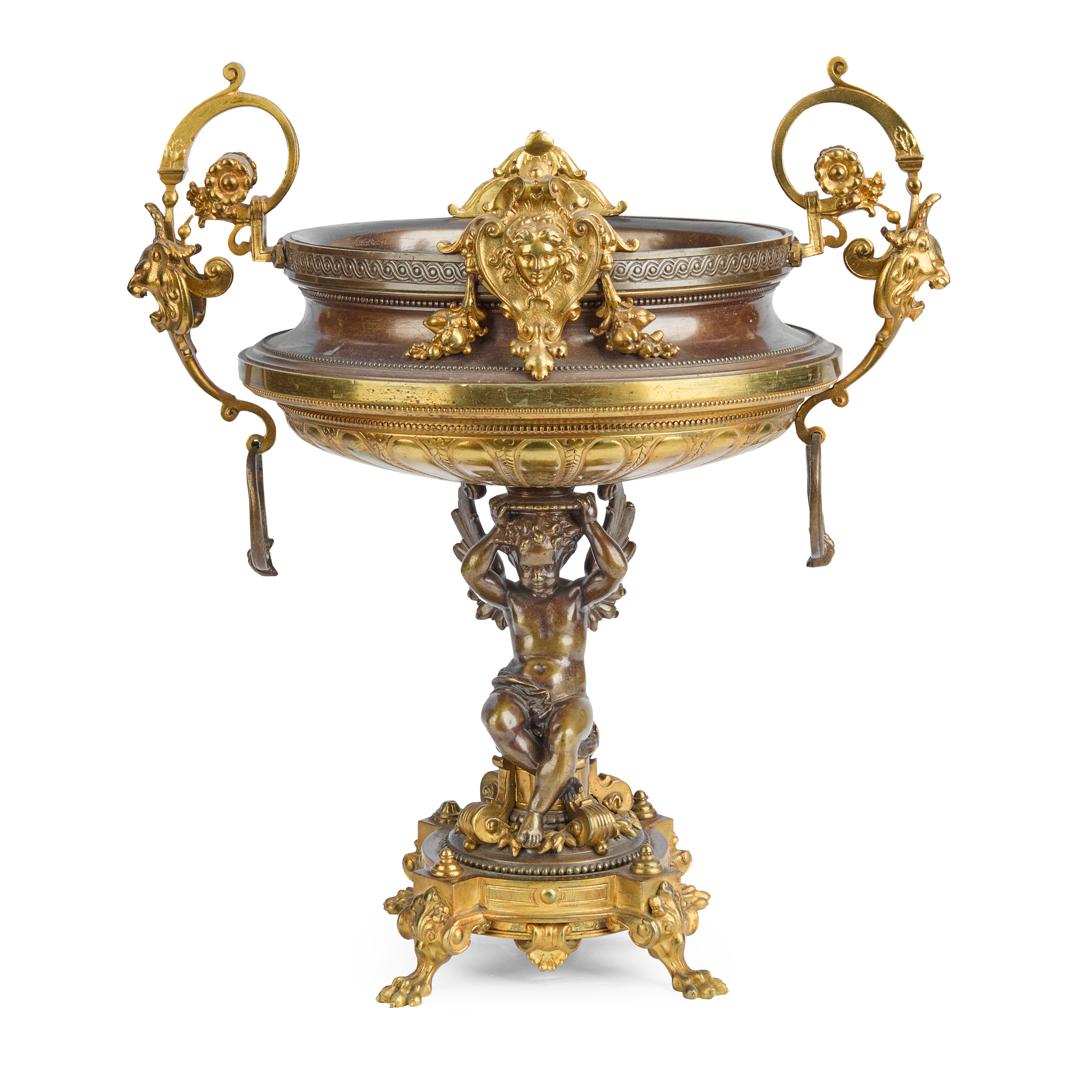 A NAPOLEON III GILT AND PATINATED BRONZE CENTREPIECE
