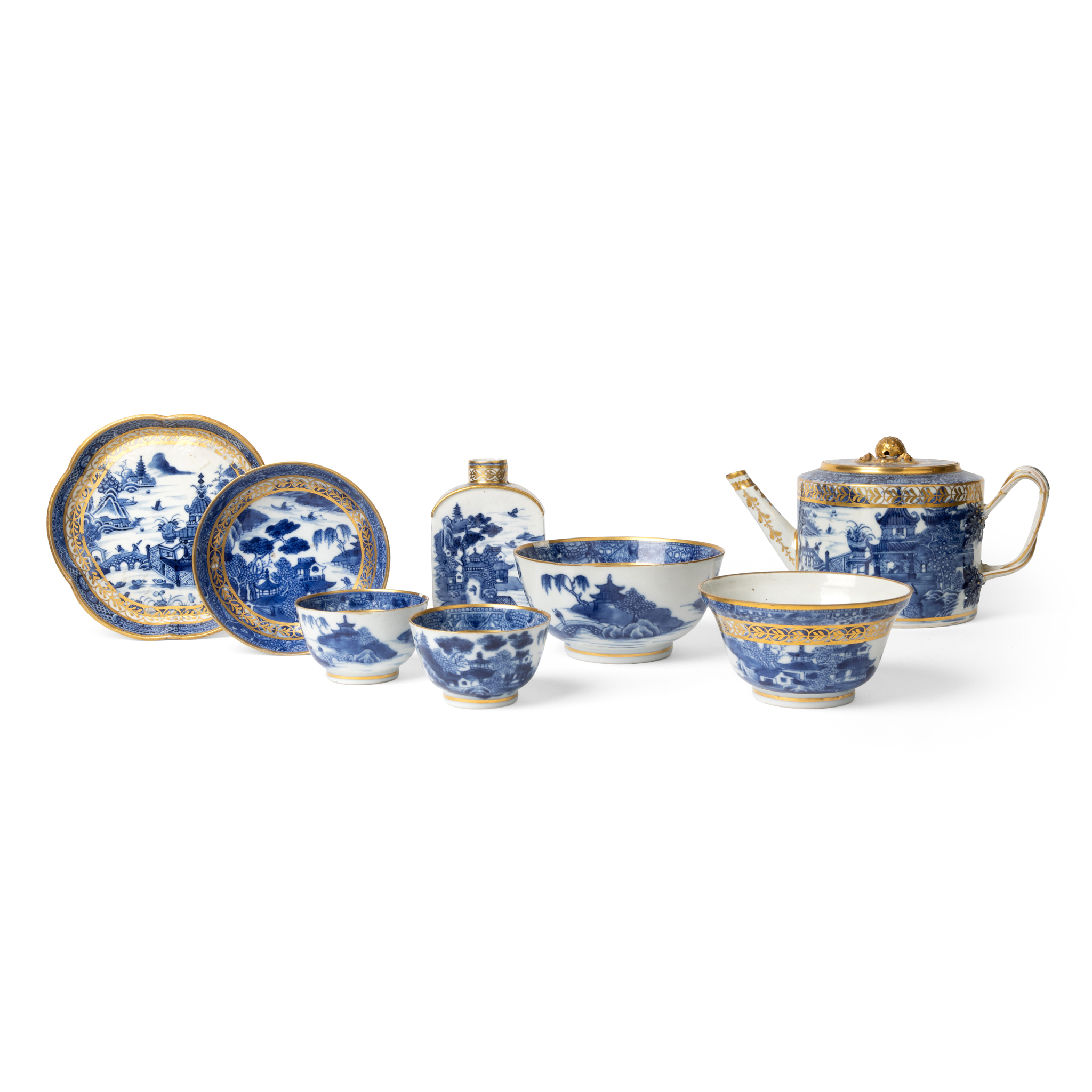 GROUP OF EIGHT CHINESE EXPORT GILT-DECORATED BLUE AND WHITE TEAWARES