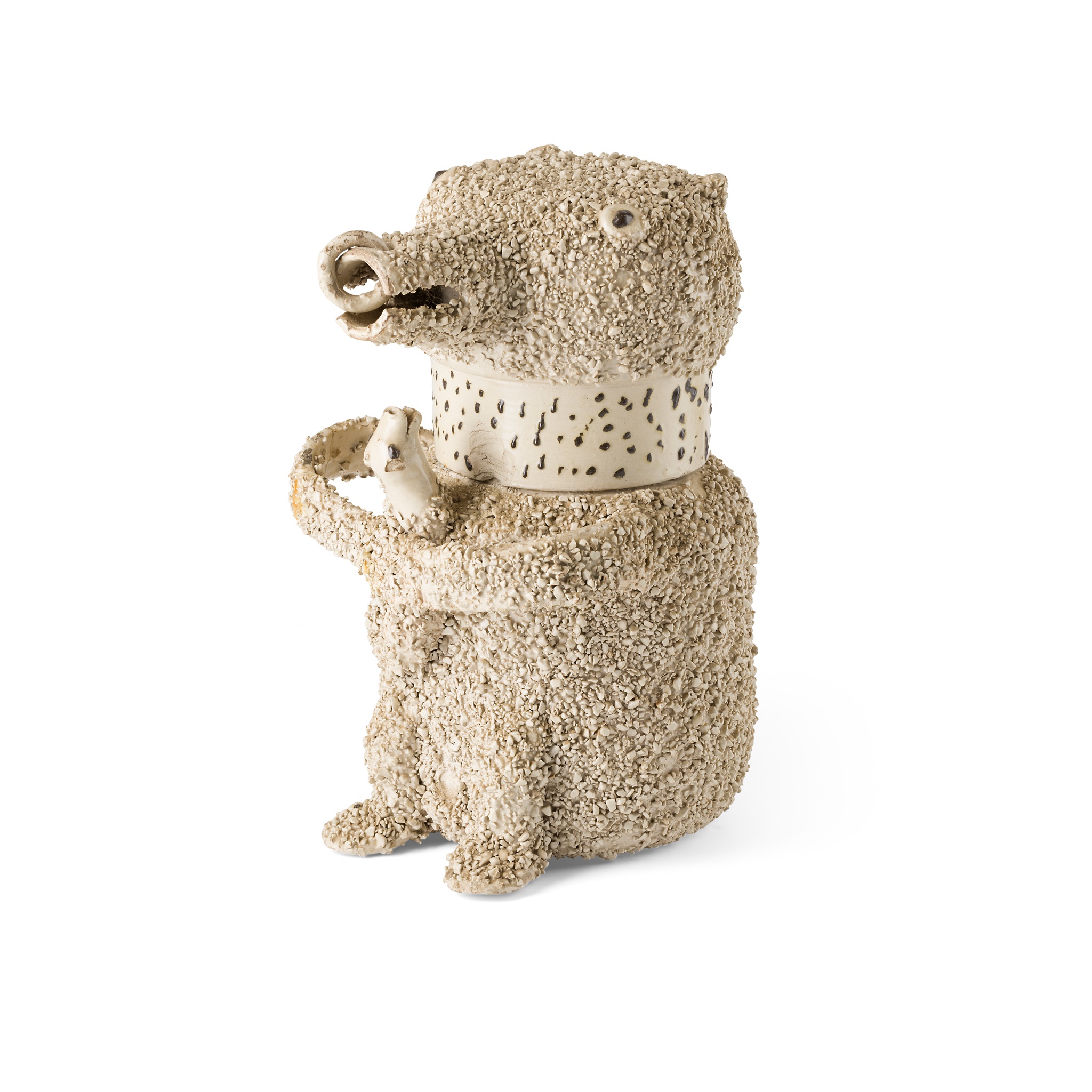 STAFFORDSHIRE WHITE SALTGLAZED BEAR BAITING JUG AND COVER