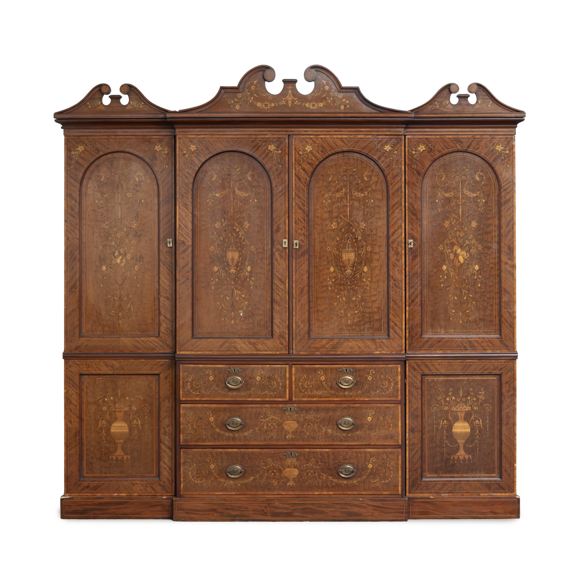 AN EDWARDIAN BREAKFRONT MAHOGANY AND FLORAL MARQUETRY INLAID TRIPLE SECTION WARDROBE