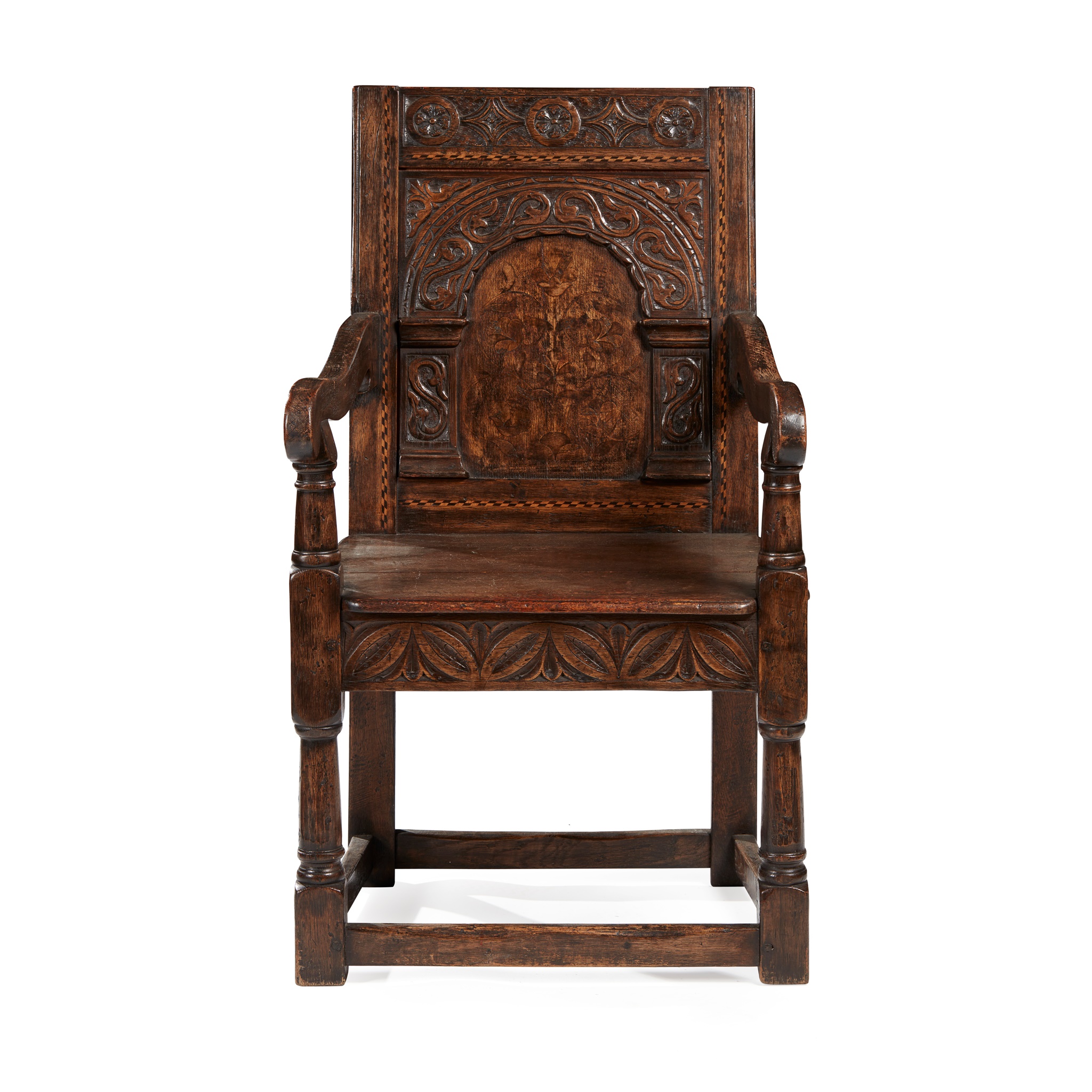 CHARLES II OAK AND MARQUETRY ARMCHAIR