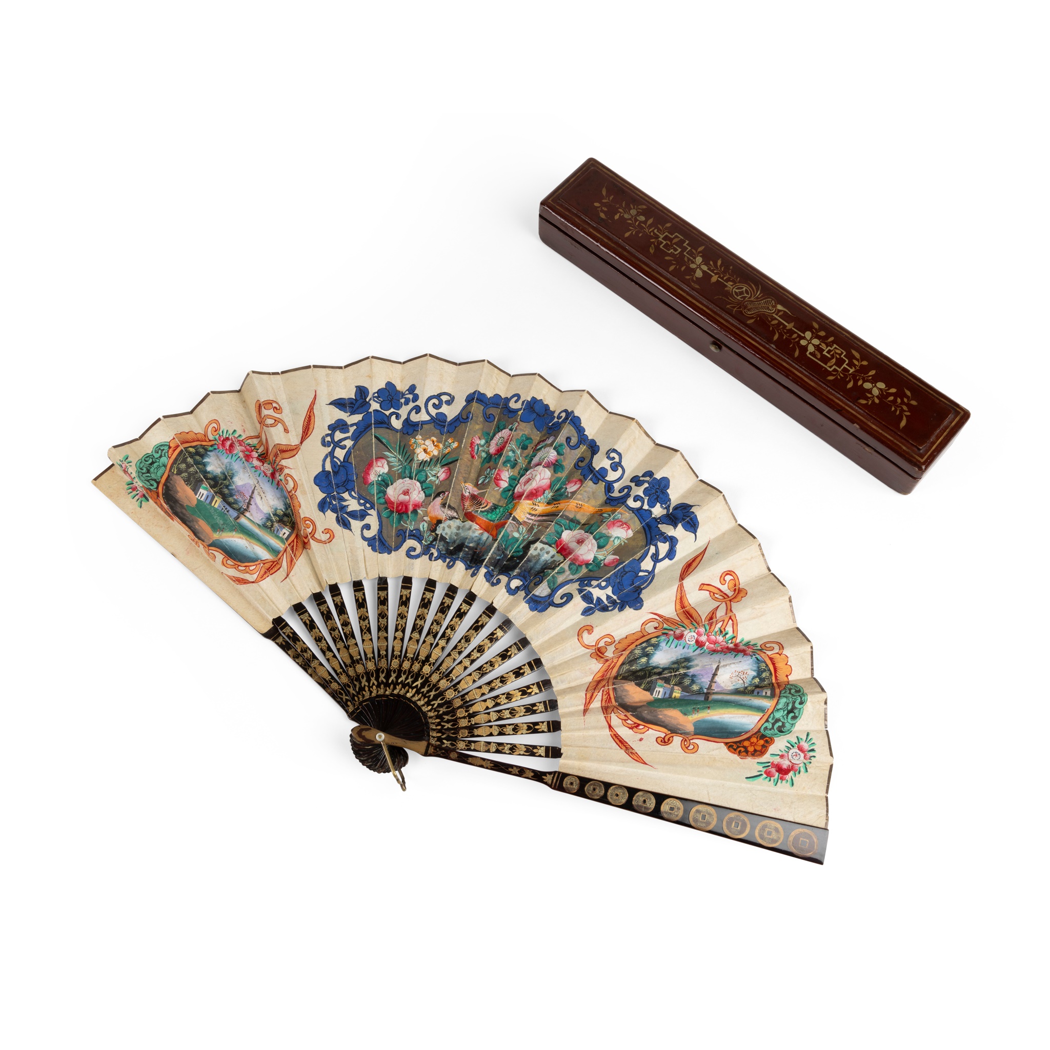 CANTON LACQUERED AND PAPER 'COIN' FAN