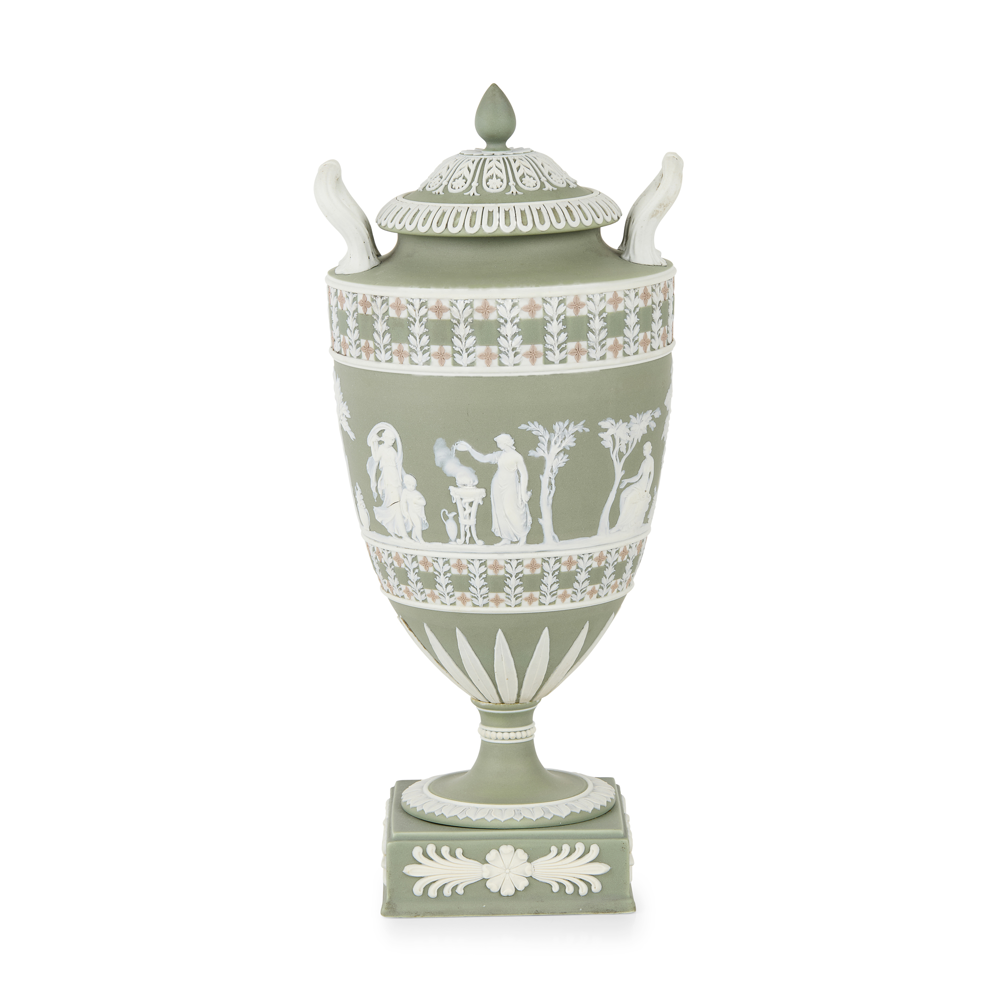 WEDGWOOD TRI-COLOUR JASPERWARE TWIN HANDLED VASE AND COVER