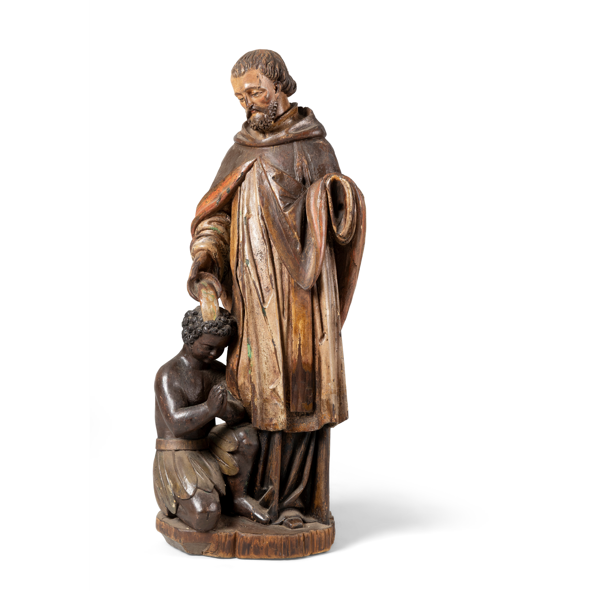 A CARVED POLYCHROME FIGURE GROUP OF ST PETER CLAVER BAPTISING A KNEELING FIGURE
