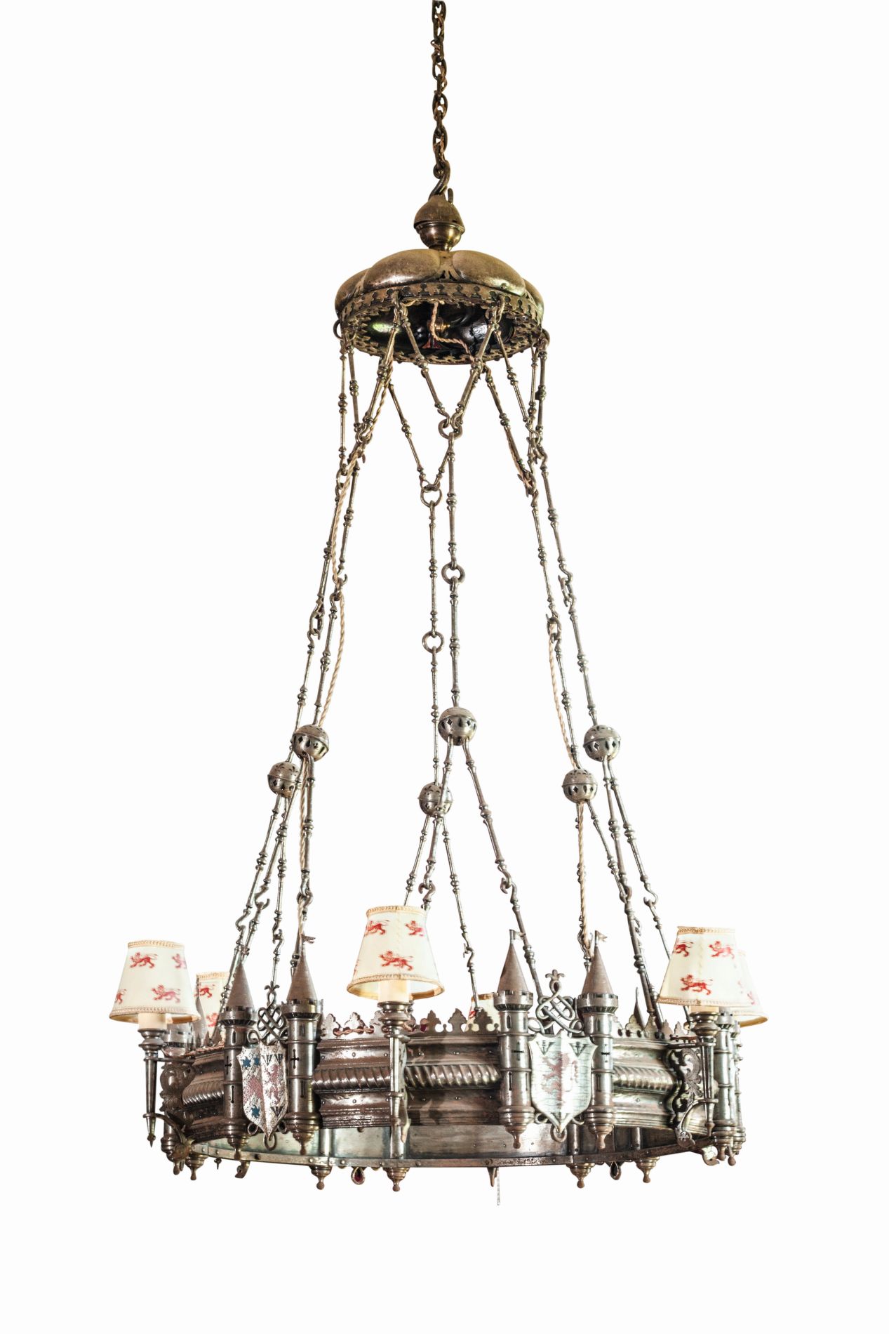 RENAISSANCE REVIVAL SIX LIGHT PATINATED METAL CHANDELIER