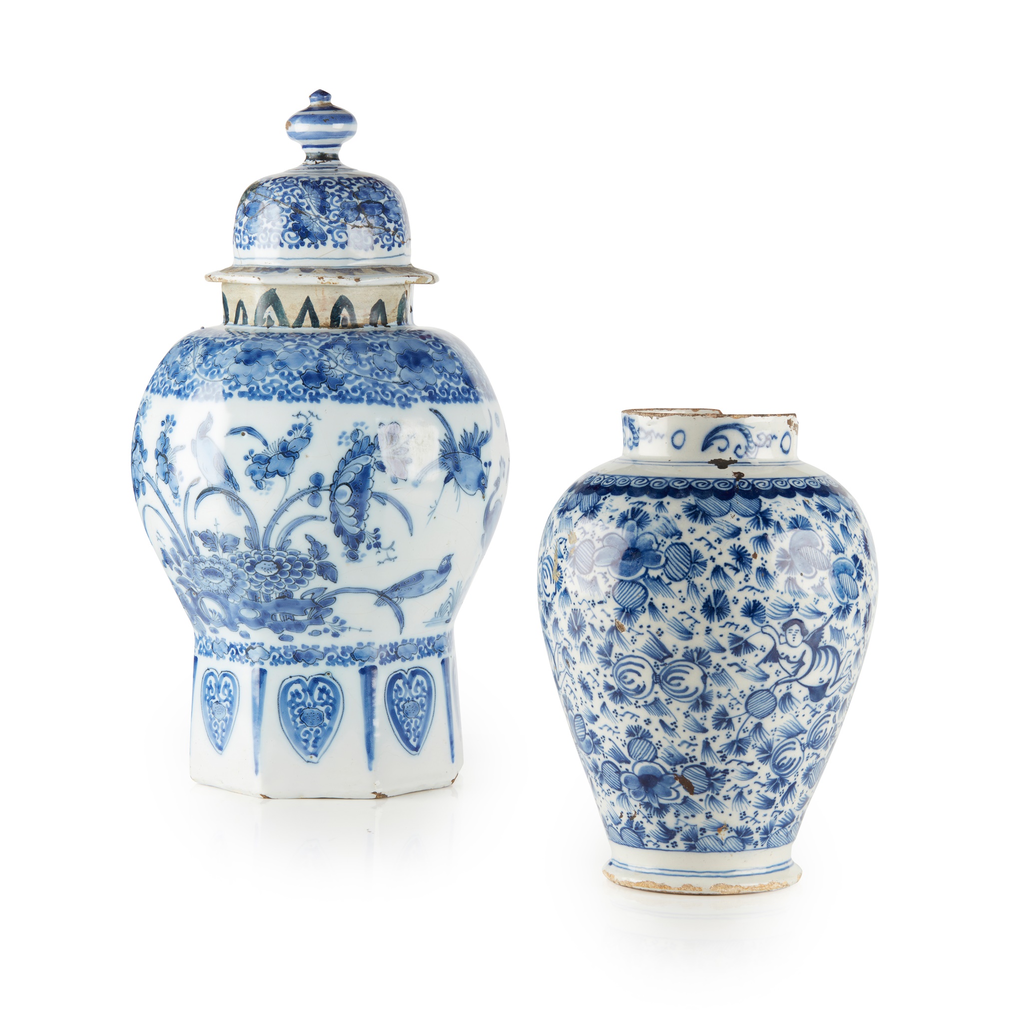 A DELFT WARE BLUE AND WHITE BALUSTER JAR AND COVER