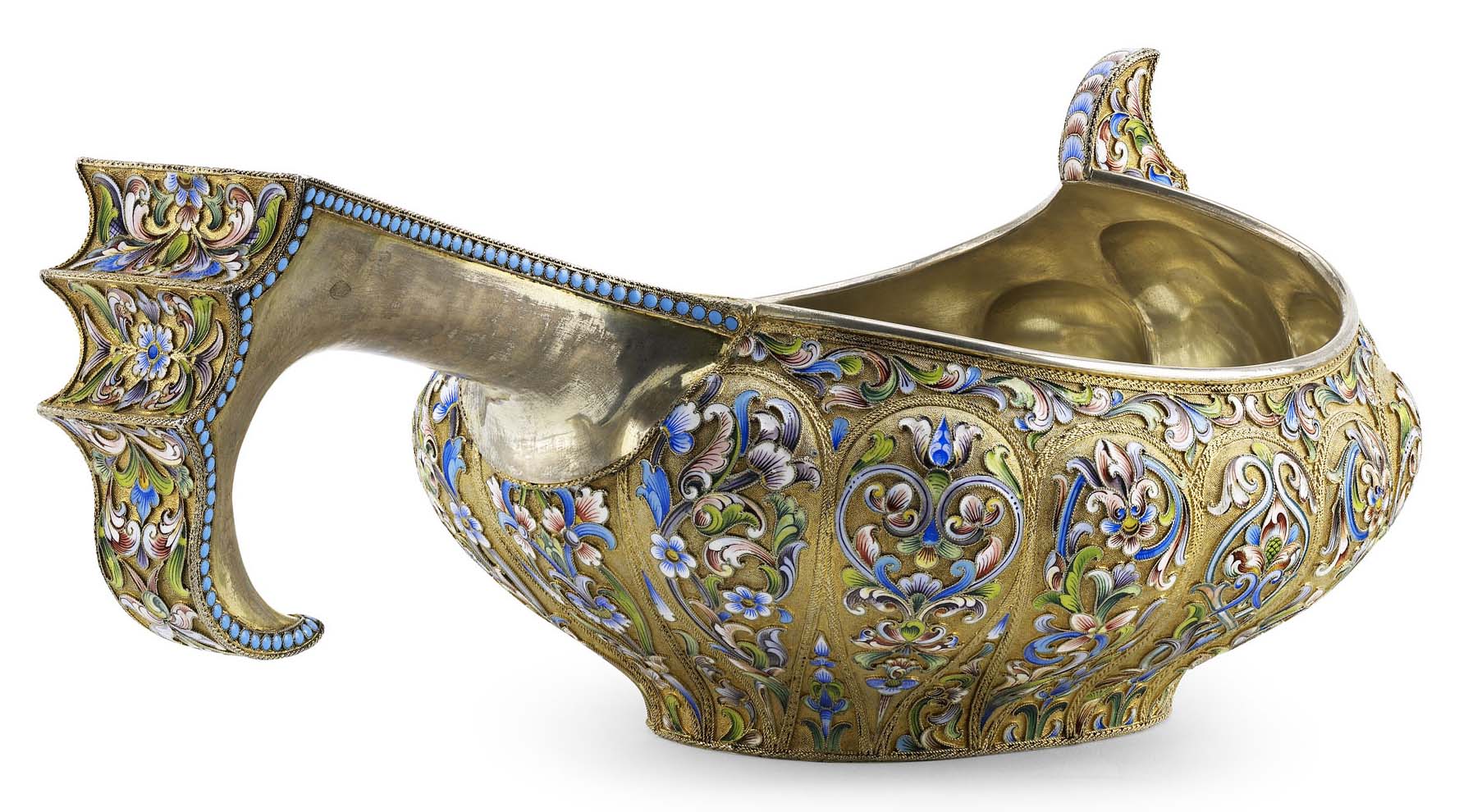 A Russian large silver-gilt and shaded cloisonné enamel kovsch