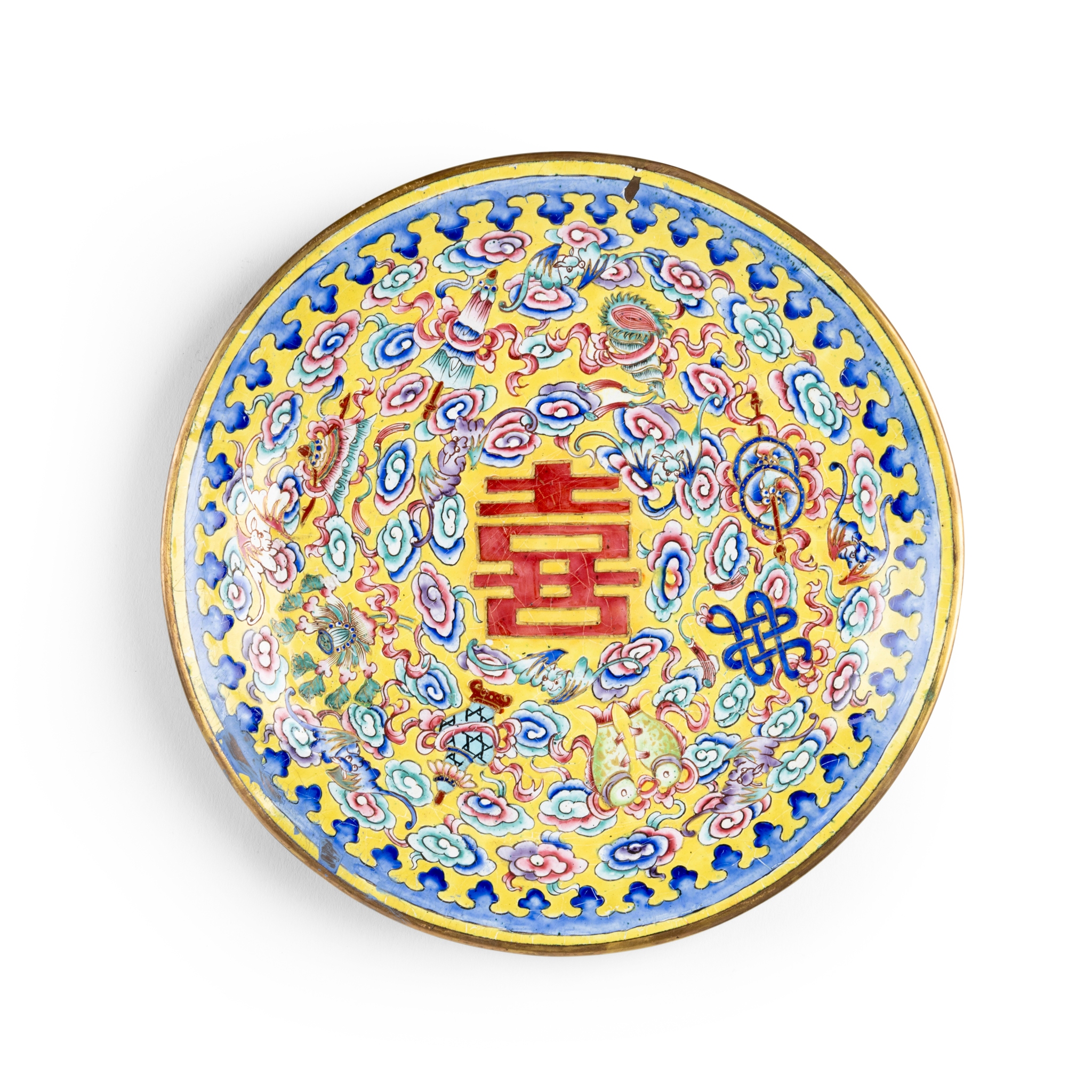 CHINESE CANTON PAINTED ENAMEL PLATE WITH EIGHT BUDDHIST AUSPICIOUS SIGNS