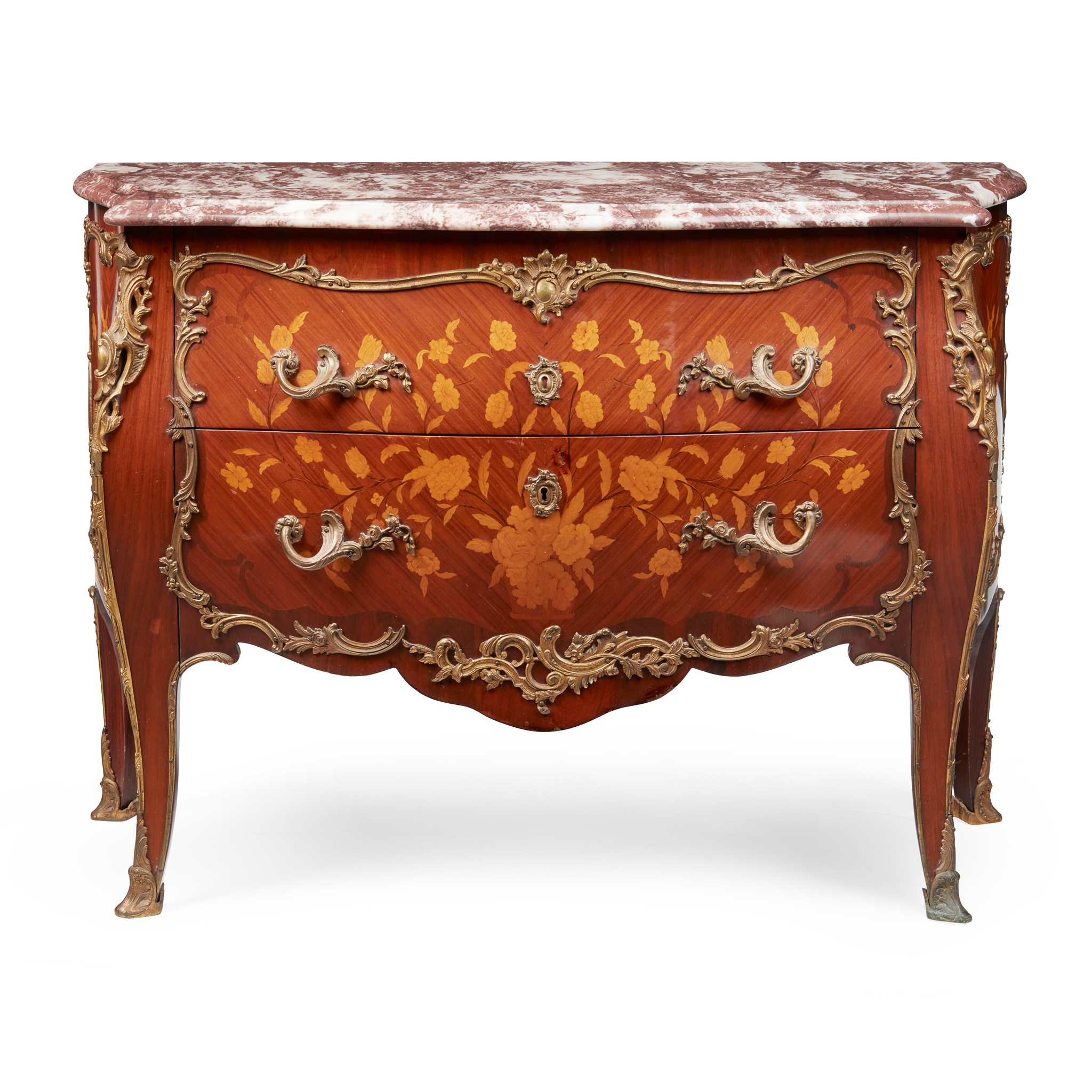 LOUIS XV STYLE KINGWOOD AND MARQUETRY MARBLE TOP COMMODE