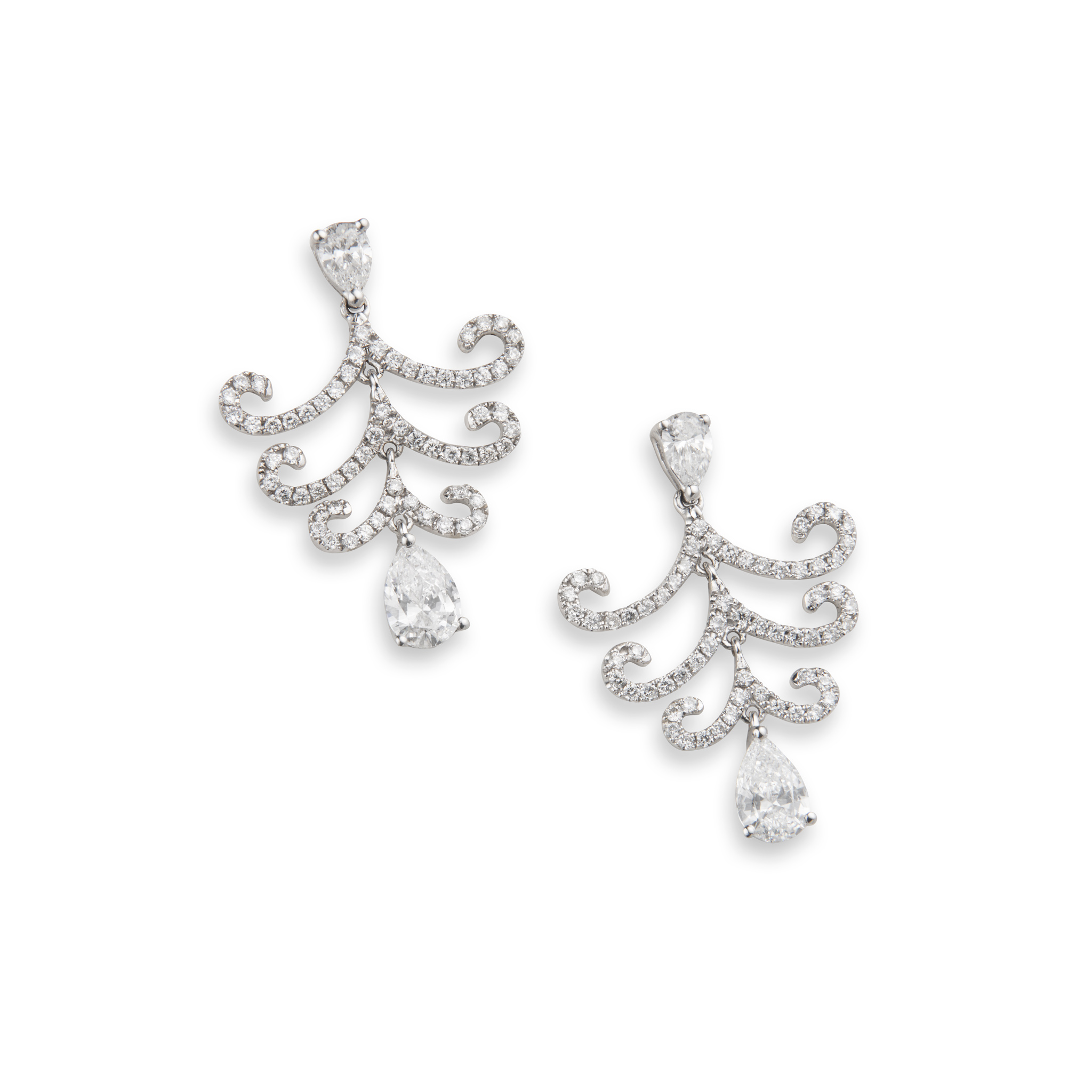 A pair of scrolling diamond pendent earrings