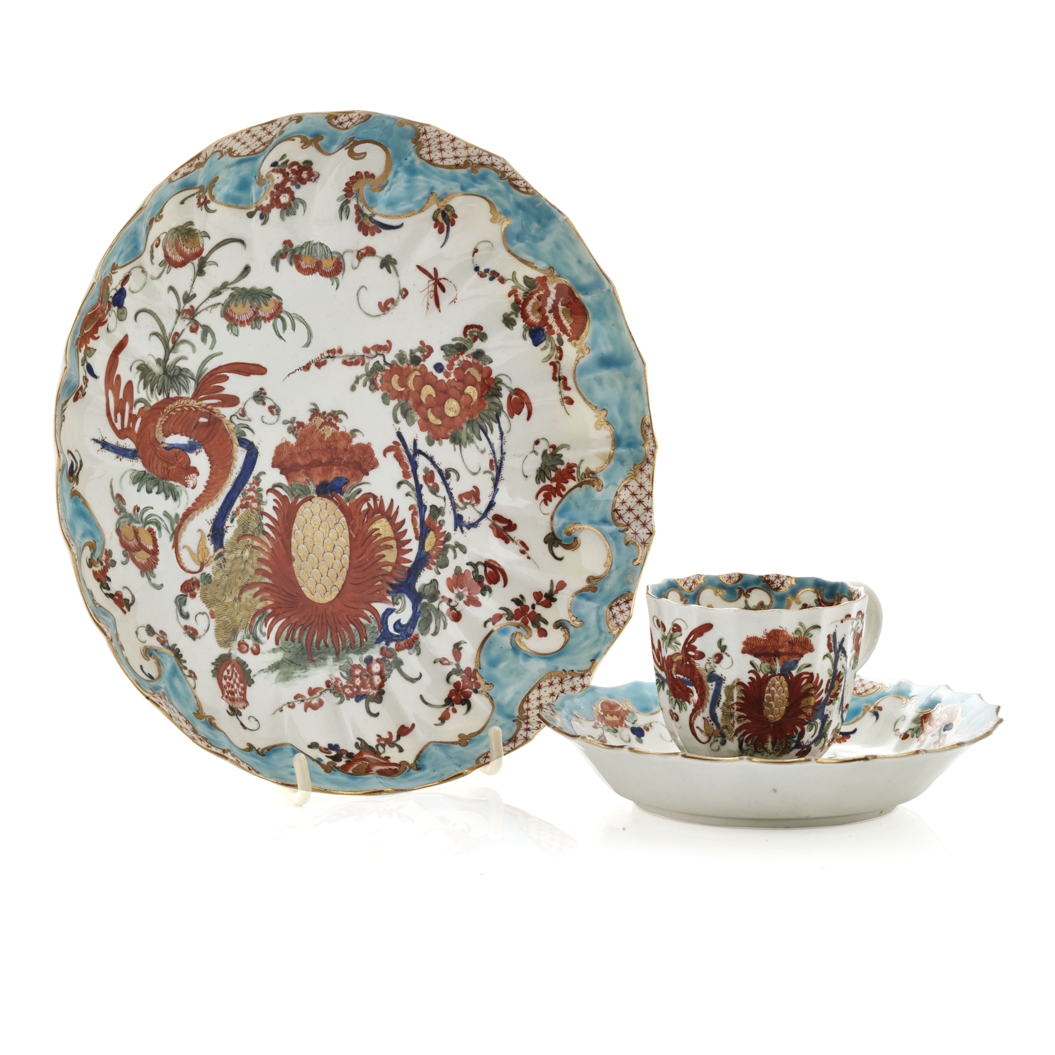 WORCESTER FIRST PERIOD DISH, TEA CUP AND SAUCER