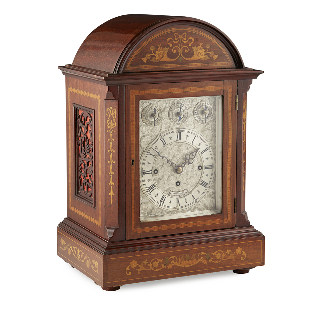 EDWARDIAN MAHOGANY, SATINWOOD, AND INLAID CHIMING BRACKET CLOCK
