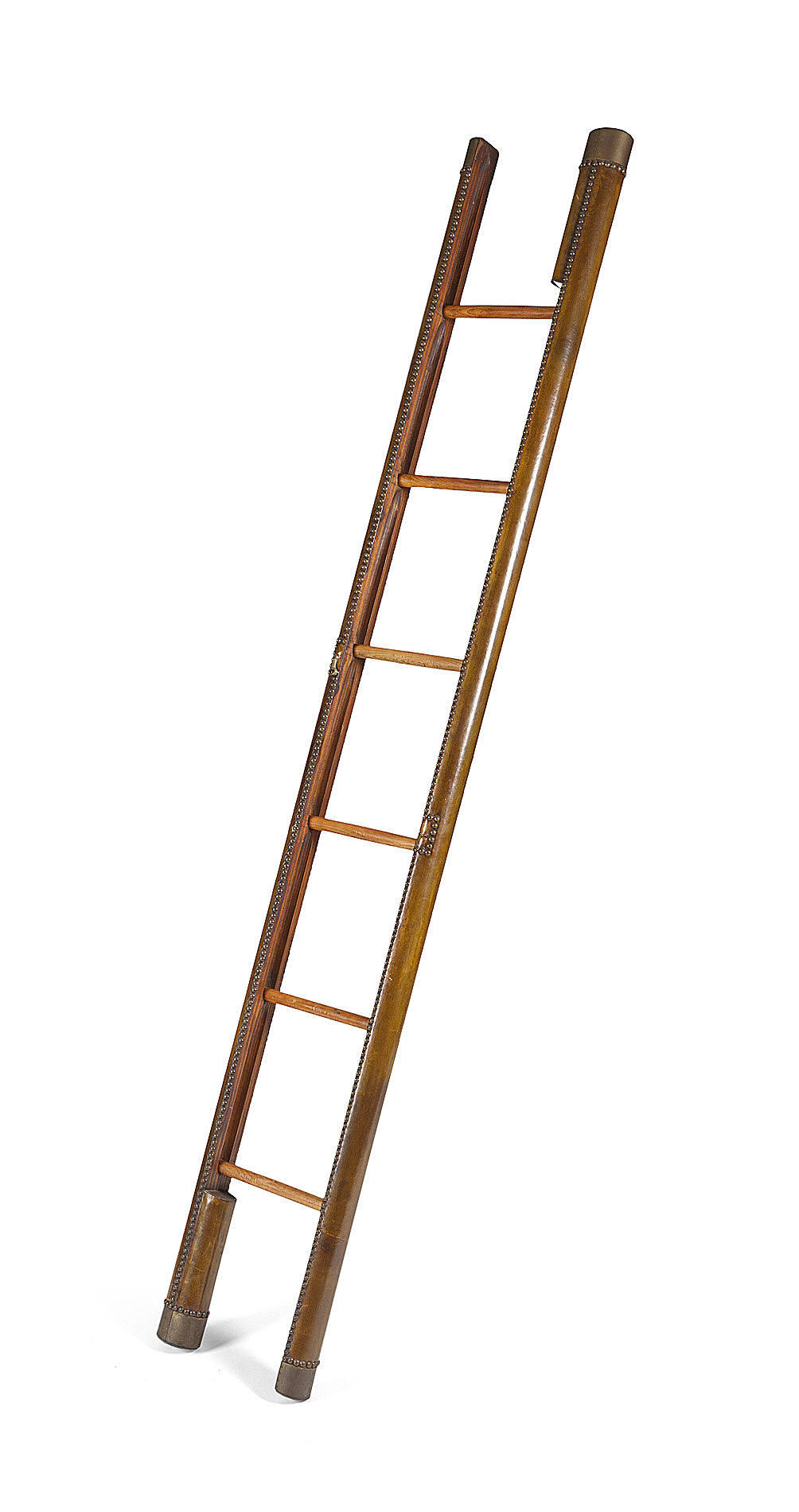 MAHOGANY AND STUDDED LEATHER FOLDING LIBRARY LADDER