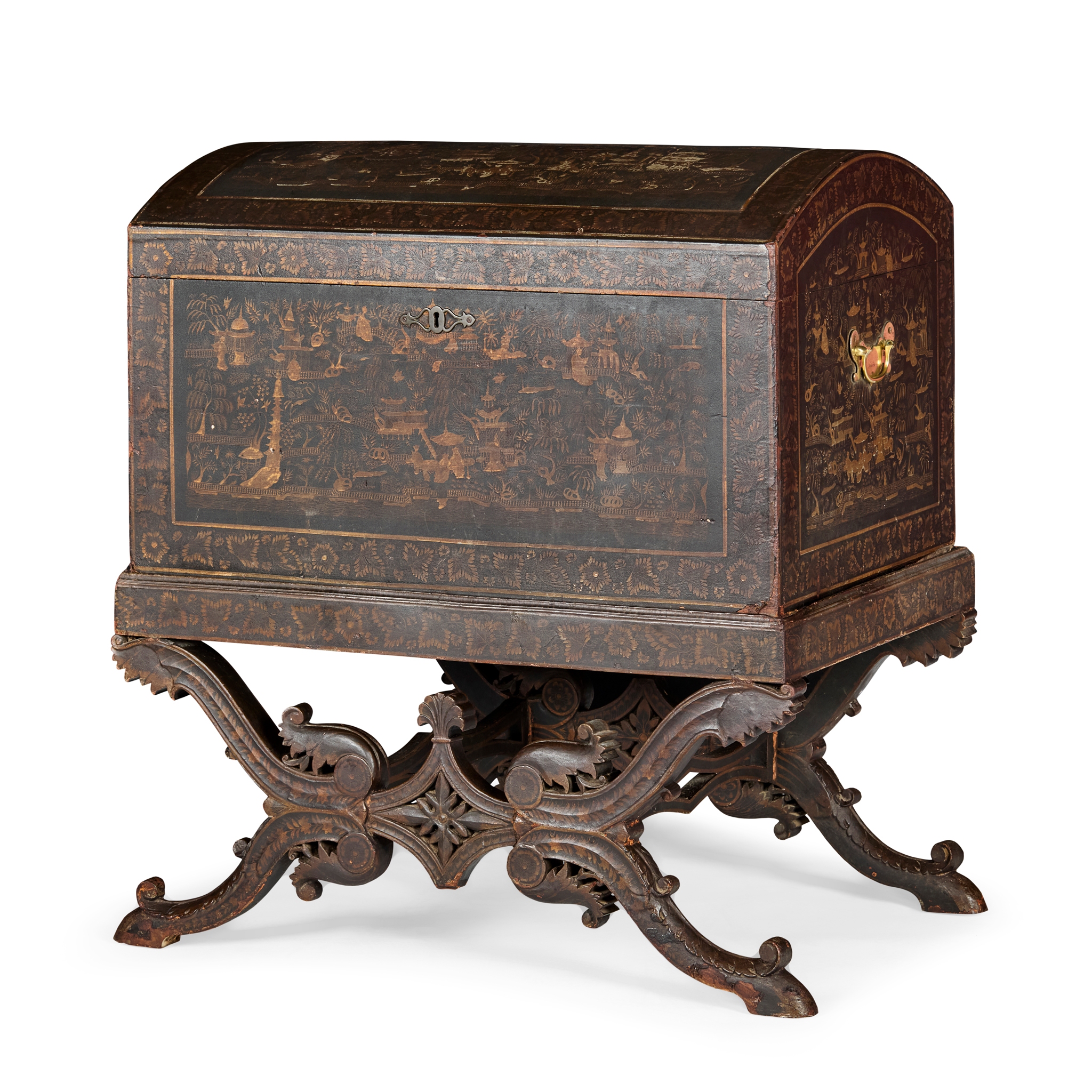 ANGLO-INDIAN LACQUERED AND PARCEL-GILT CHEST-ON-STAND, PROBABLY BAREILLY AREA, UTTAR PRADESH
