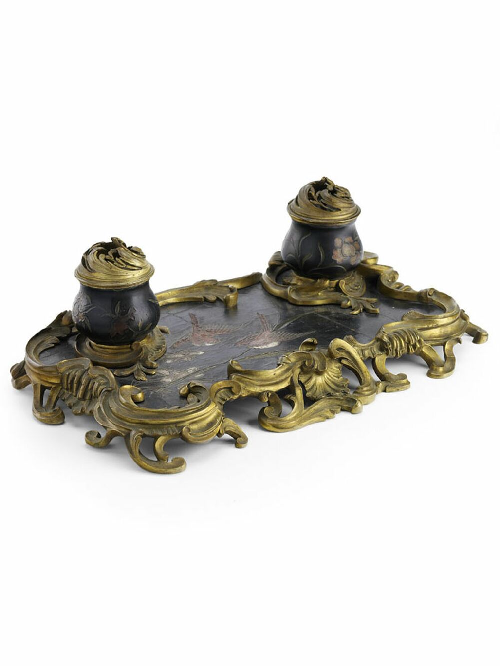 A Louis XV period ormolu and lacquer work desk stand