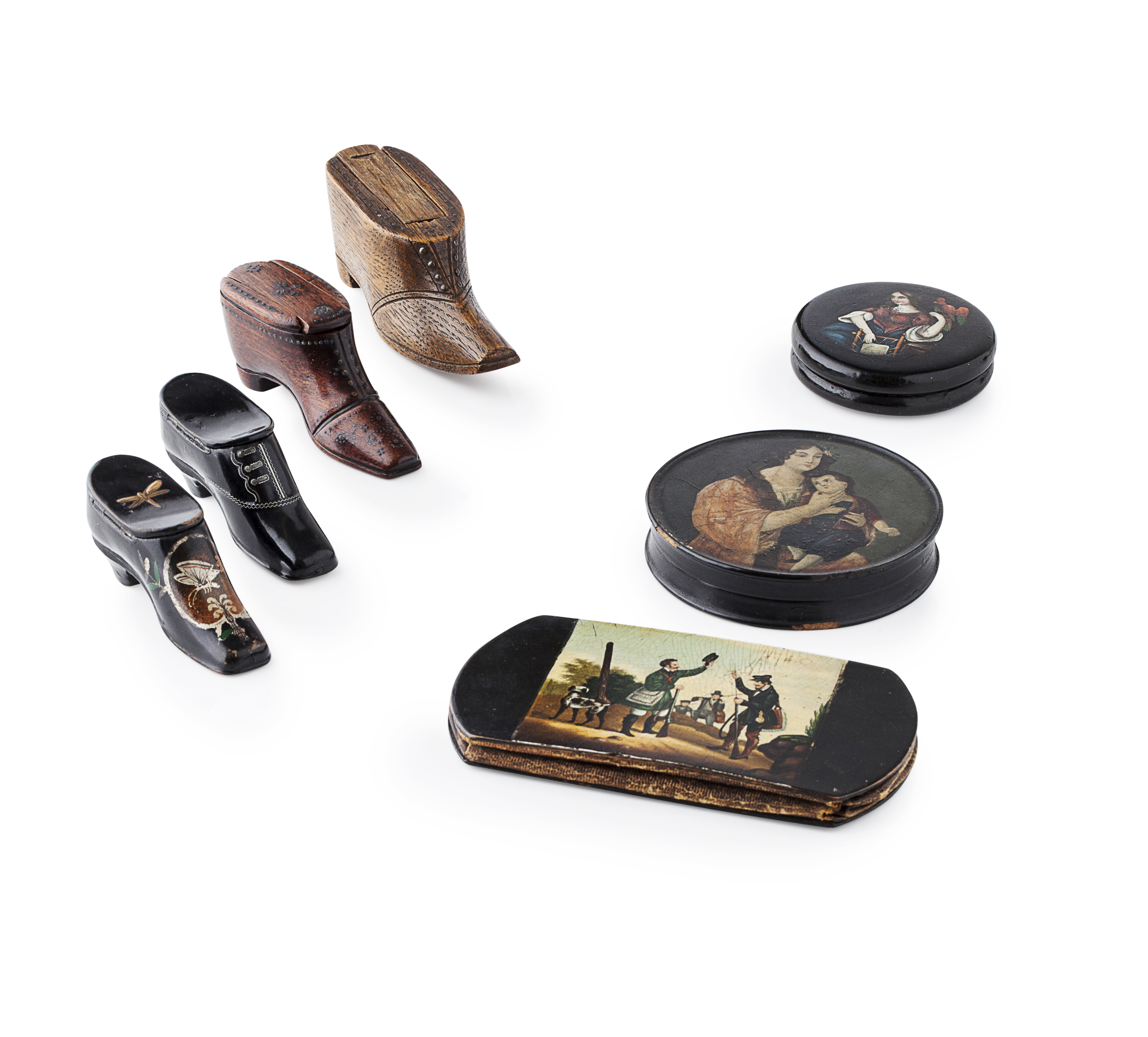 FOUR SHOE SNUFF BOXES
