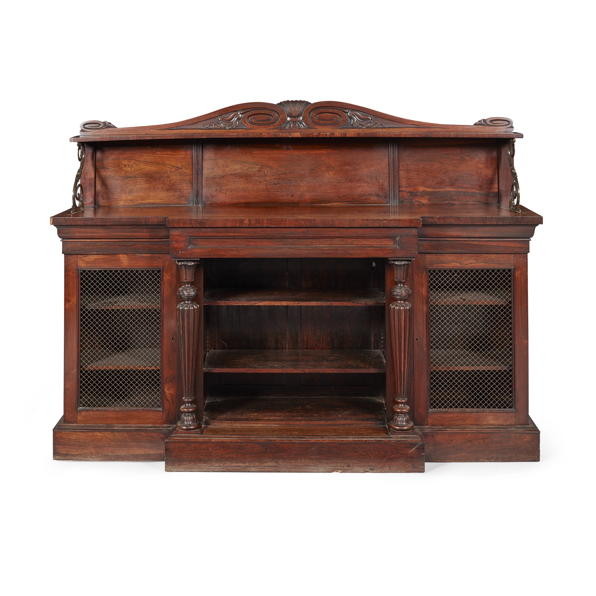 REGENCY ROSEWOOD AND BRASS OPEN BOOKCASE, IN THE MANNER OF GILLOWS