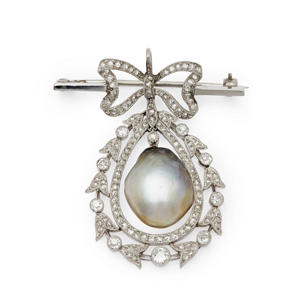A natural pearl and diamond set pendant brooch