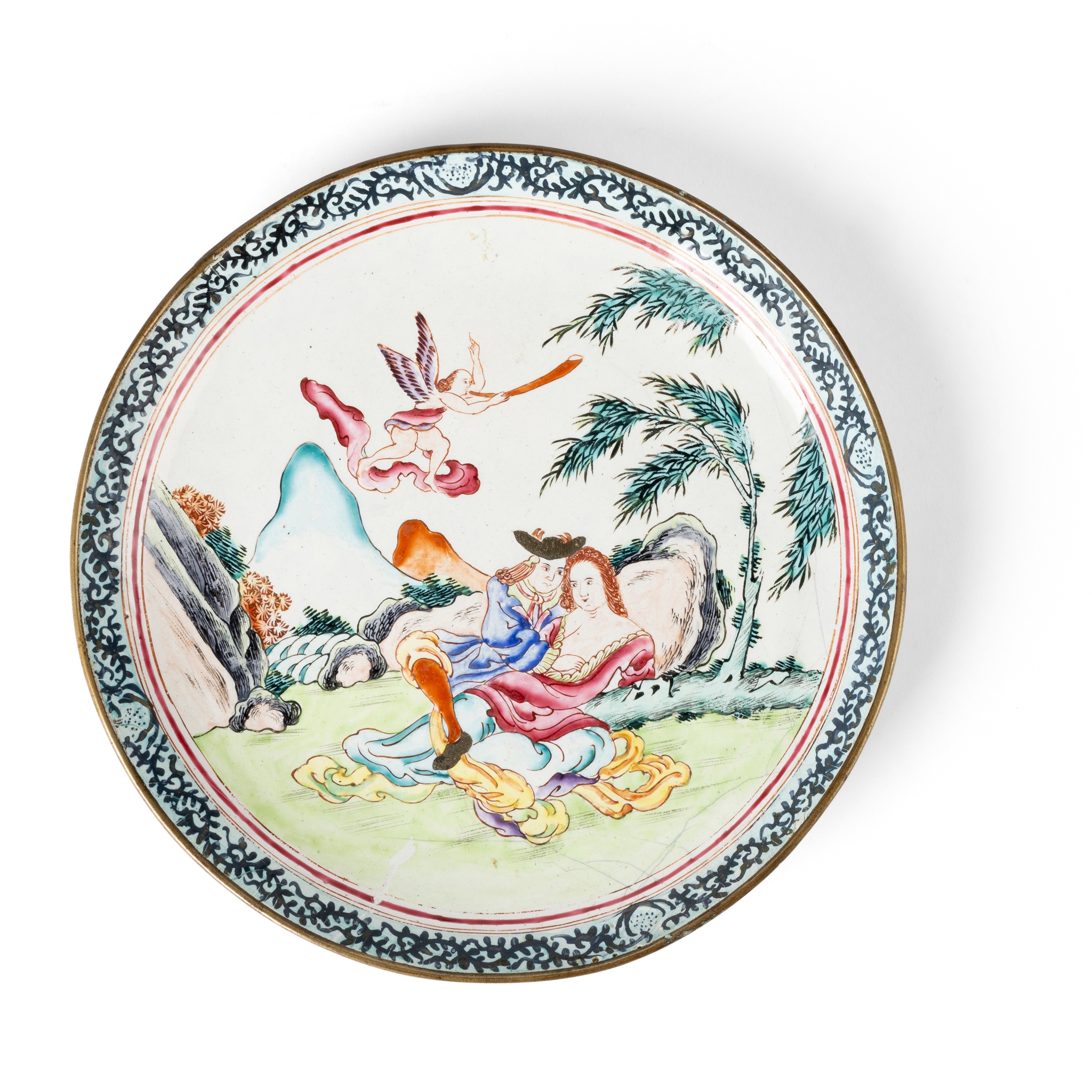 CANTON ENAMEL 'LOVERS' CIRCULAR DISH