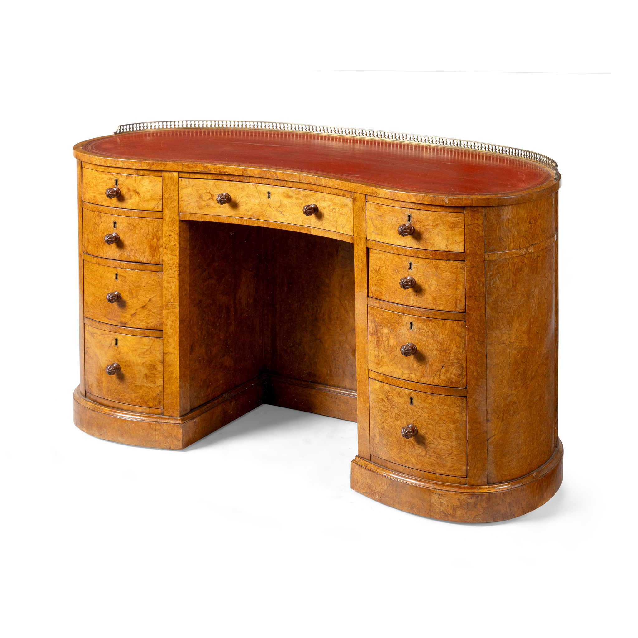 A VICTORIAN BURR AND POLLARD OAK KIDNEY-SHAPED KNEEHOLE WRITING DESK
