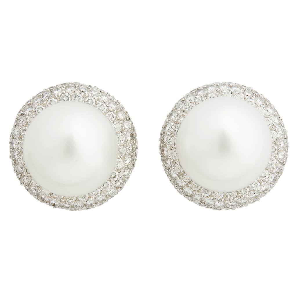 A pair of South Sea pearl and diamond set earrings