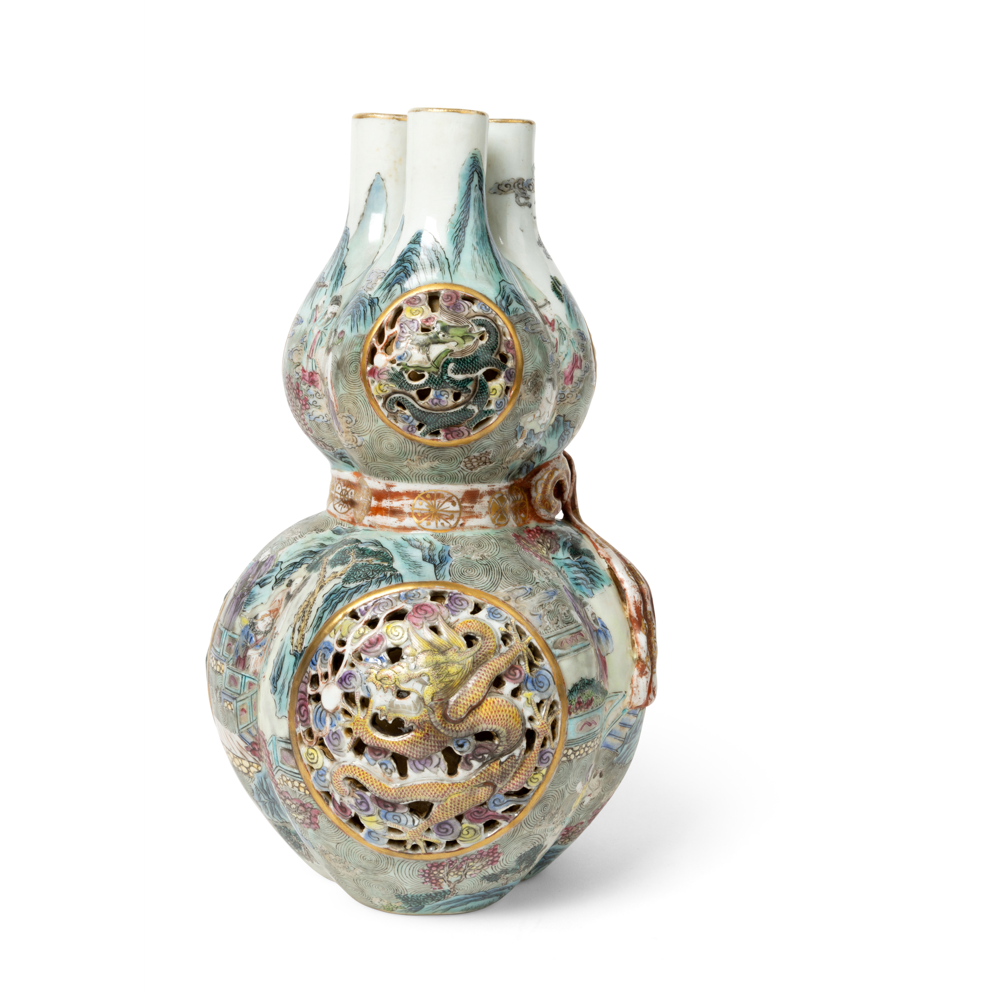 CHINESE FAMILLE ROSE 'IMMORTALS' CONJOINED DOUBLE-GOURD-SHAPED VASE