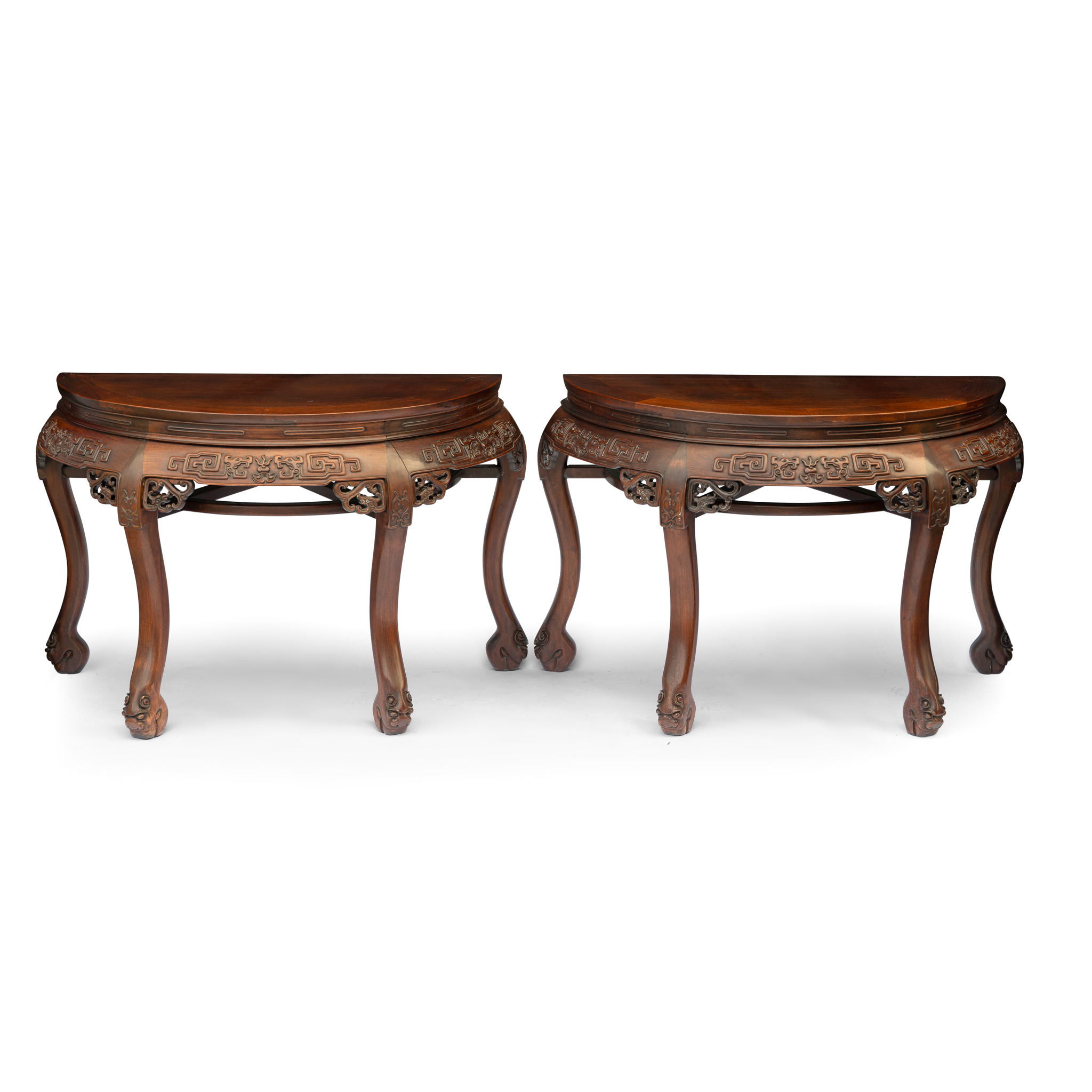 PAIR OF CARVED HARDWOOD DEMI-LUNE TABLES, YUEYAZHUO