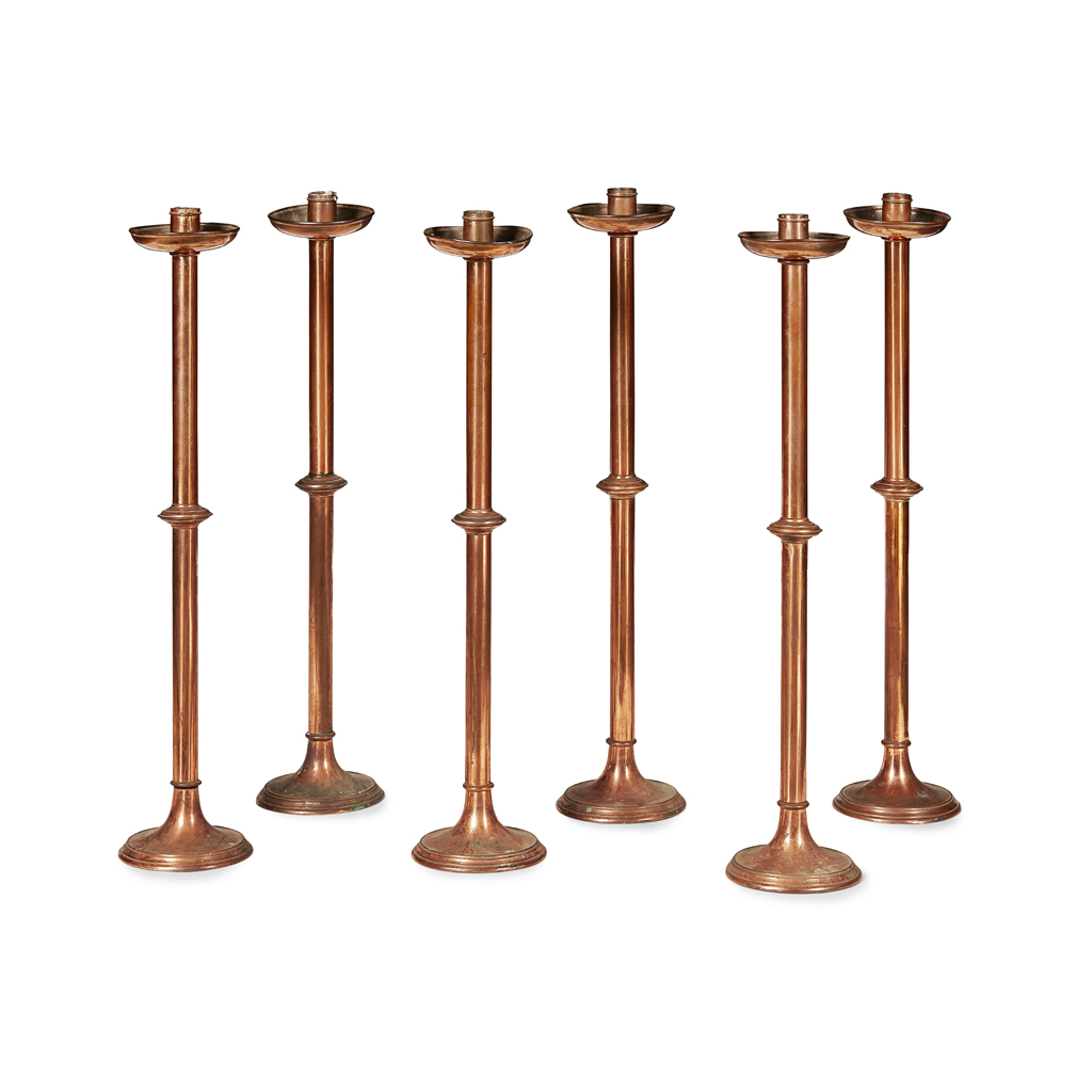 SET OF SIX COPPER ALTAR CANDLESTICKS