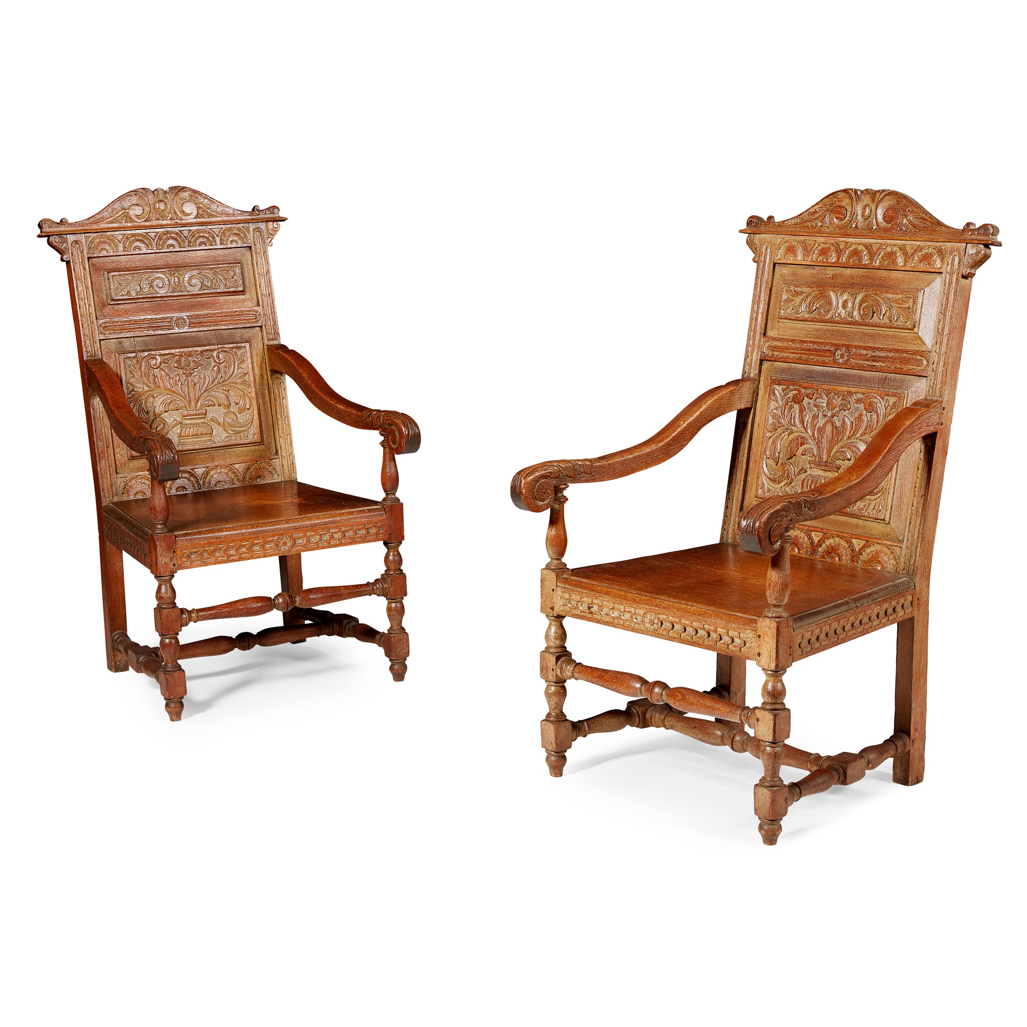 PAIR OF 17TH CENTURY STYLE OAK ARMCHAIRS