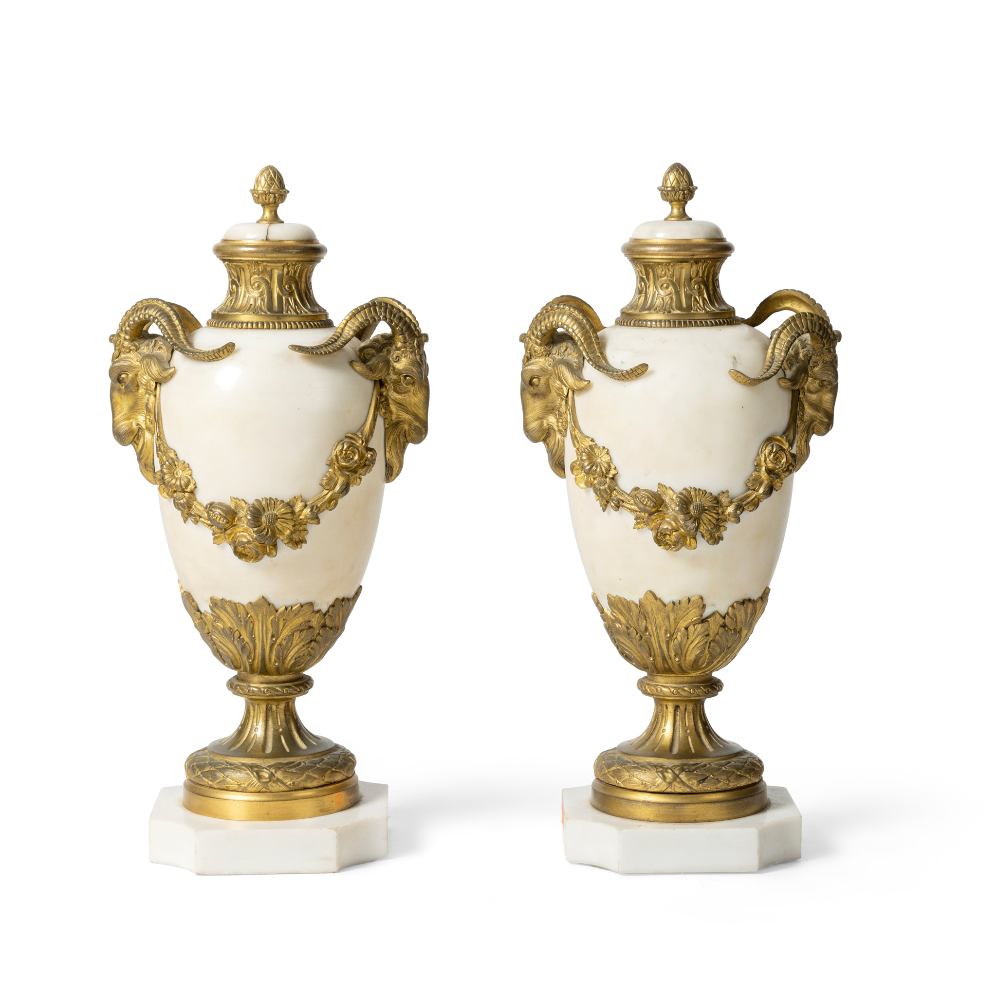 A PAIR OF FRENCH WHITE MARBLE AND GILT METAL MOUNTED URNS AND COVERS