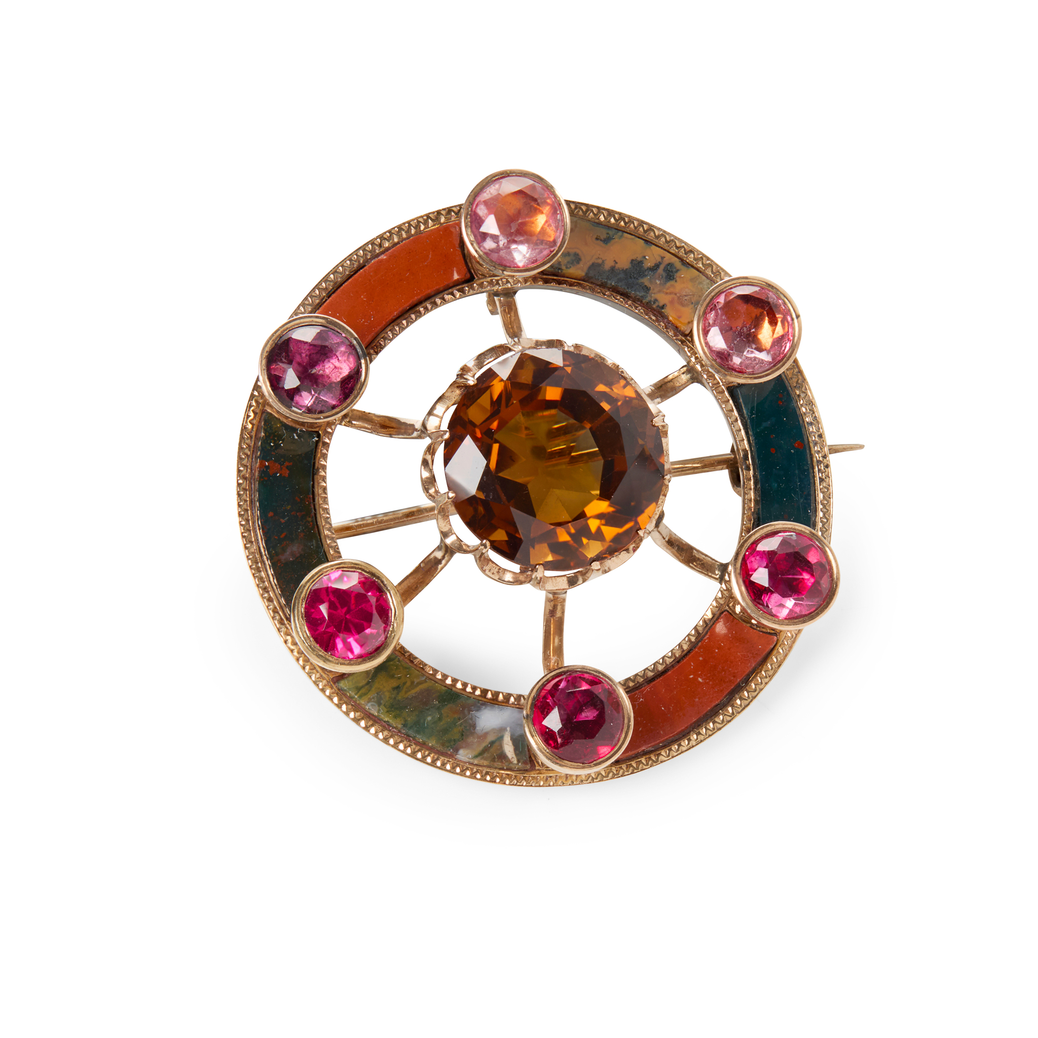 A VICTORIAN GOLD, HARDSTONE AND GEM-SET MOUNTED BROOCH