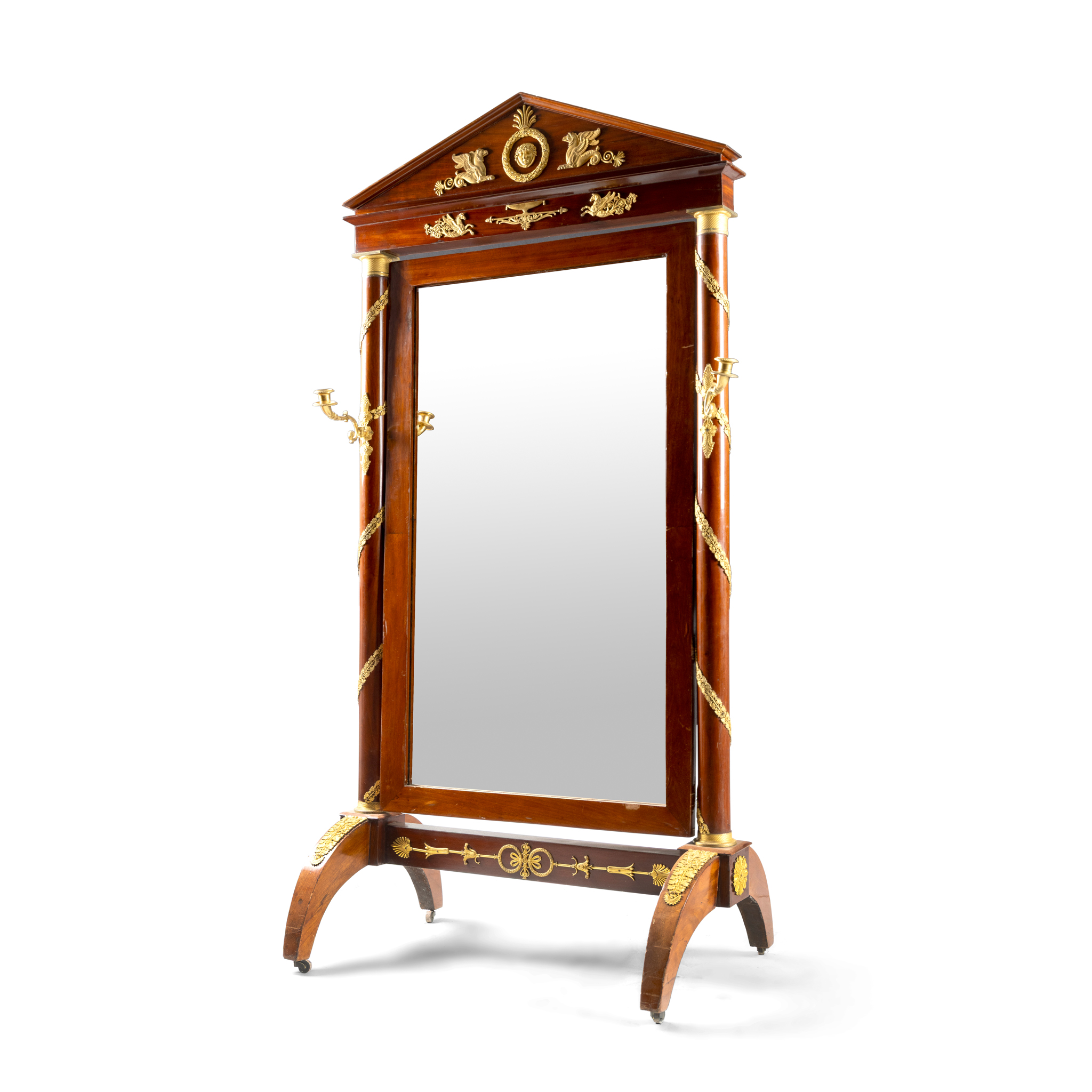 A FRENCH MAHOGANY AND GILT METAL MOUNTED CHEVAL MIRROR