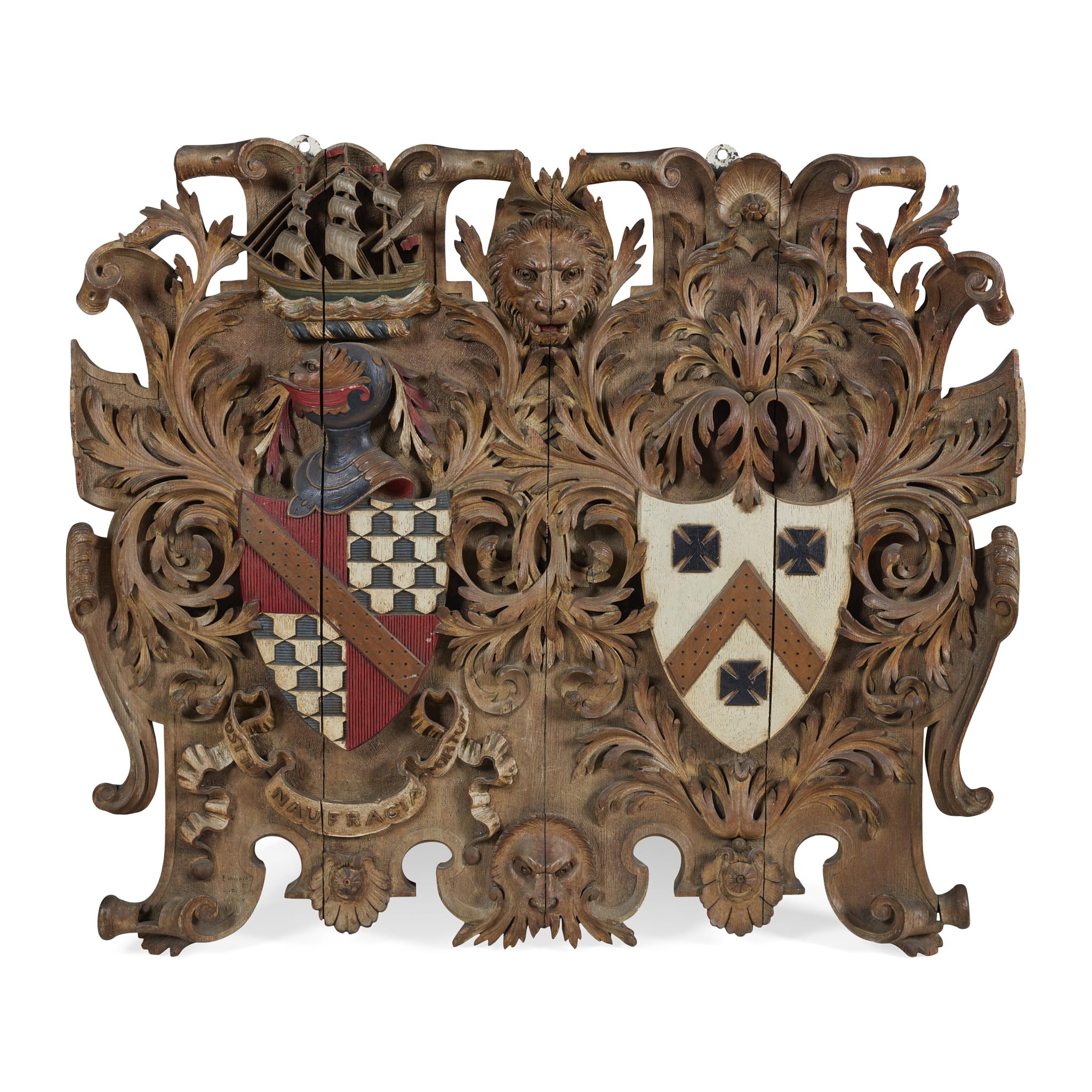 LARGE VICTORIAN CARVED AND POLYCHROMED OAK COAT-OF-ARMS FOR STRICKLAND-CONSTABLE