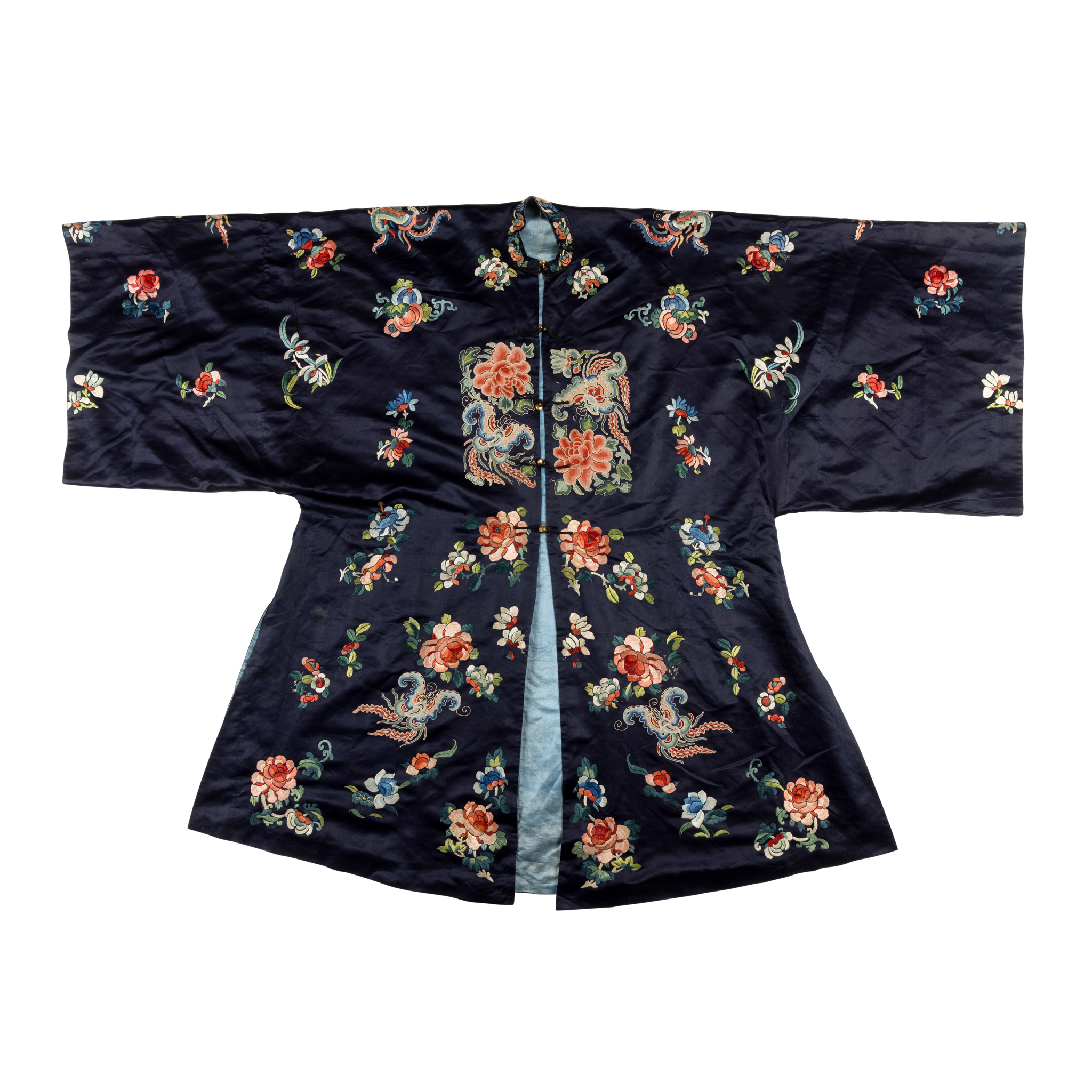CHINESE NAVY-BLUE-GROUND SILK EMBROIDERED LADY'S ROBE
