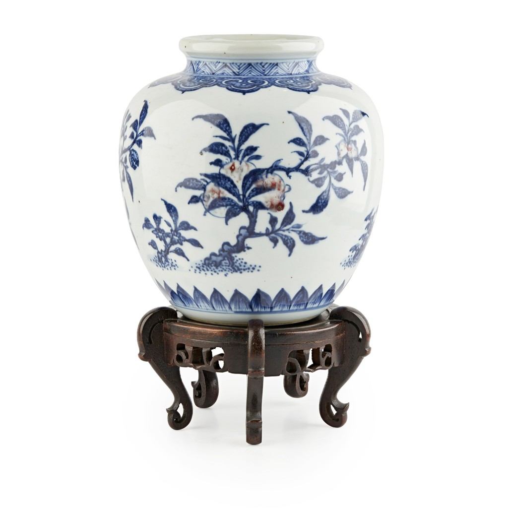 COPPER-RED DECORATED BLUE AND WHITE 'THREE ABUNDANCES' OVOID VASE