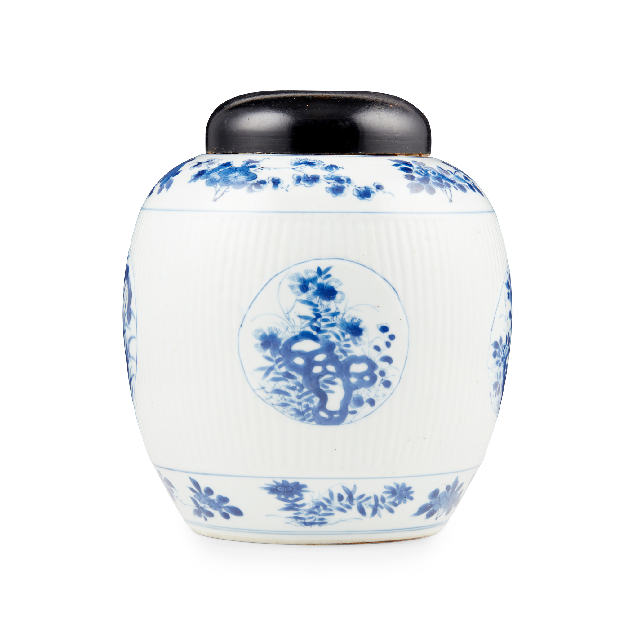 BLUE AND WHITE RIBBED GINGER JAR