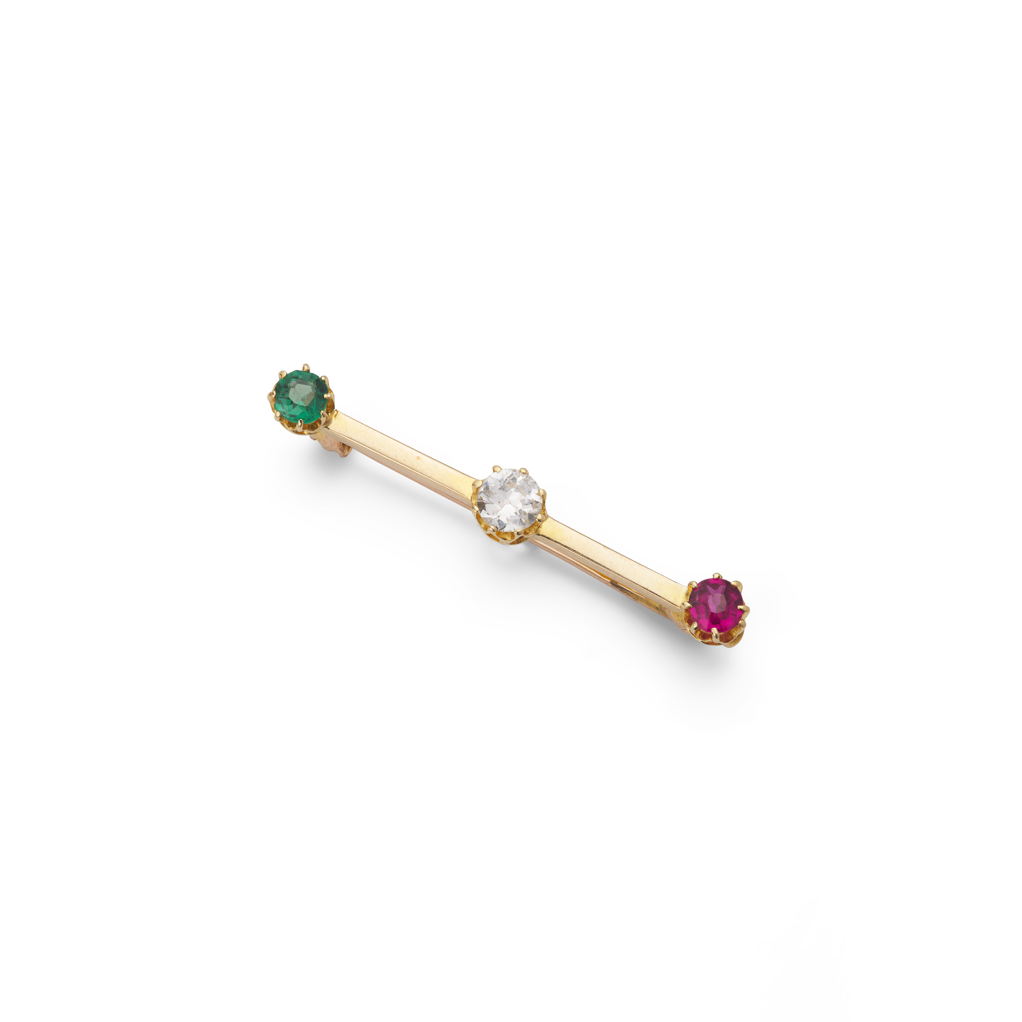 An emerald, ruby and diamond bar brooch, circa 1900