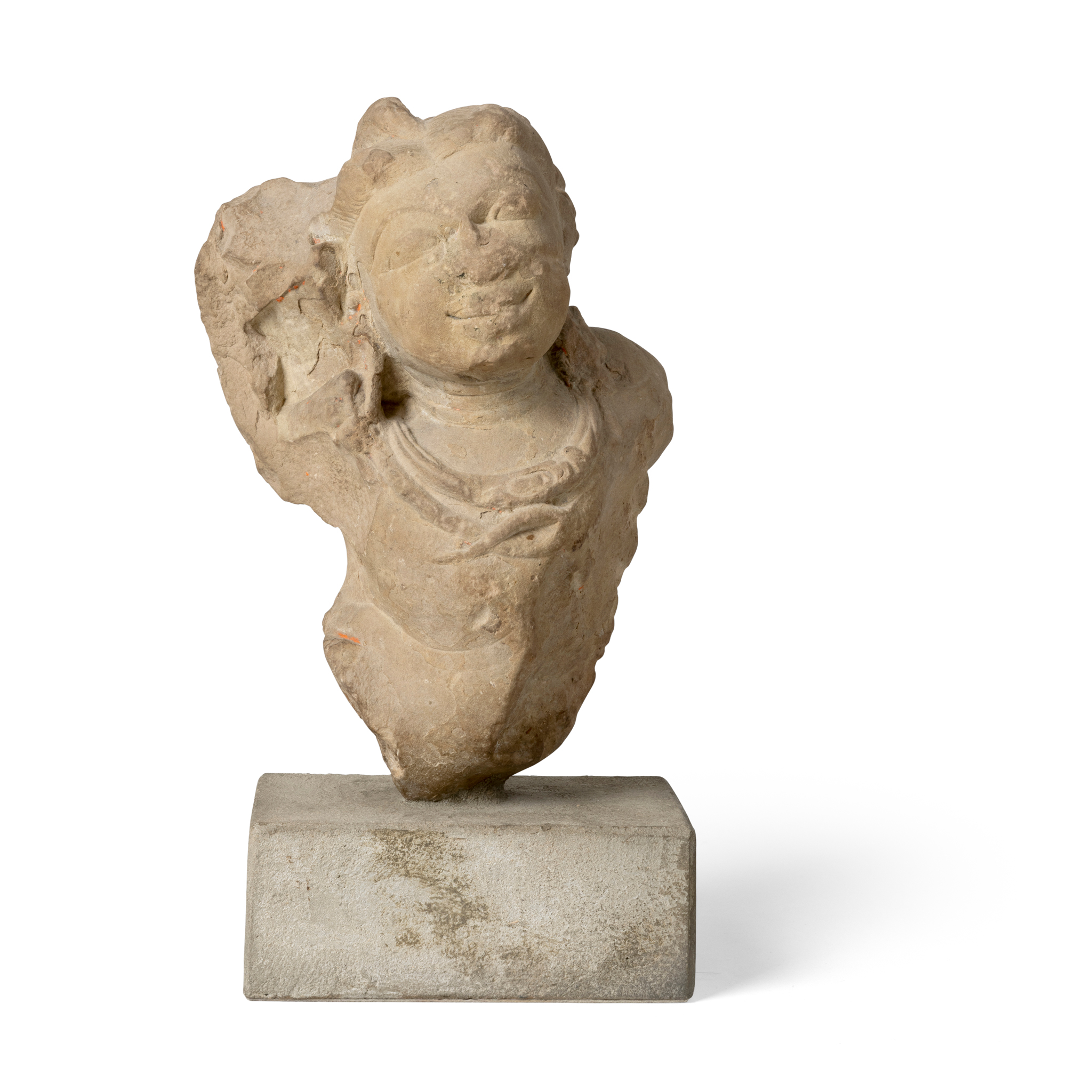 A BUFF SANDSTONE BUST OF A DEITY
