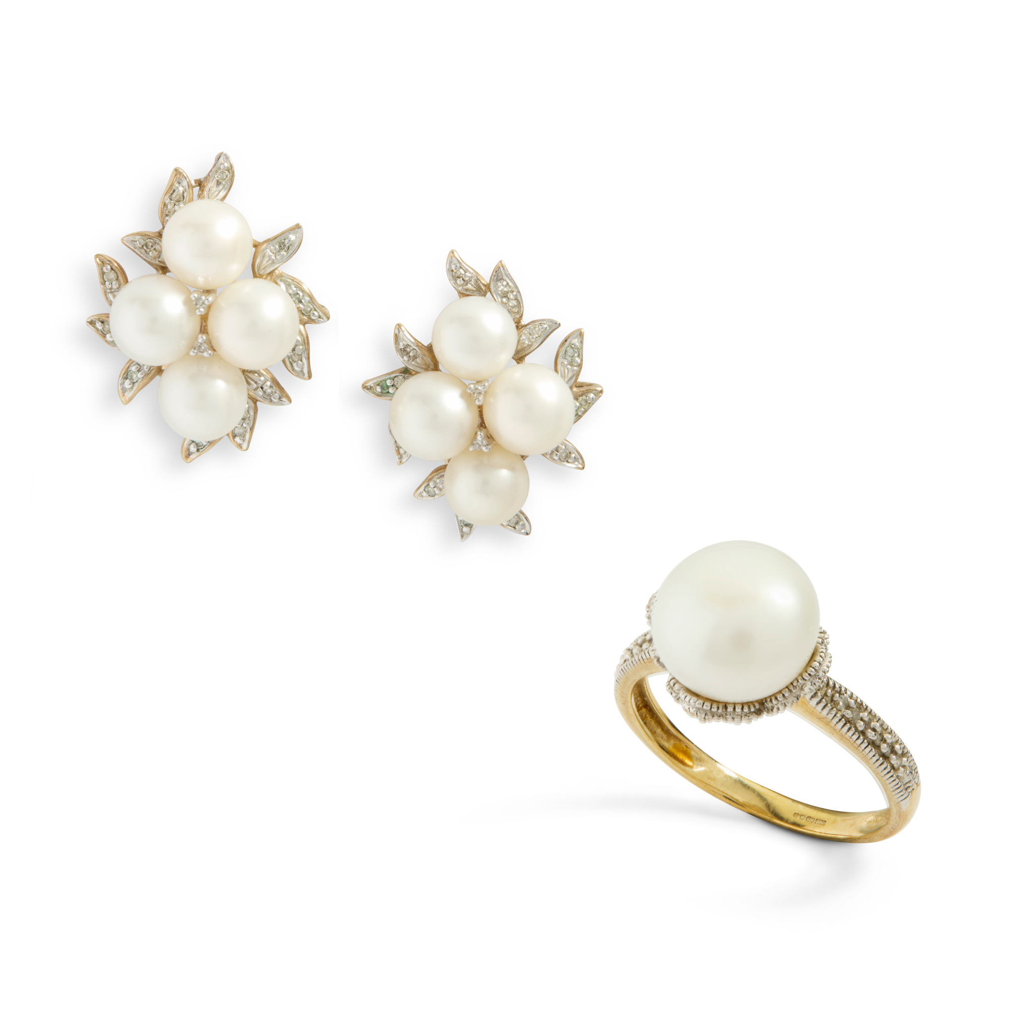 A pair of 9ct gold cultured pearl and diamond cluster earrings and a ring