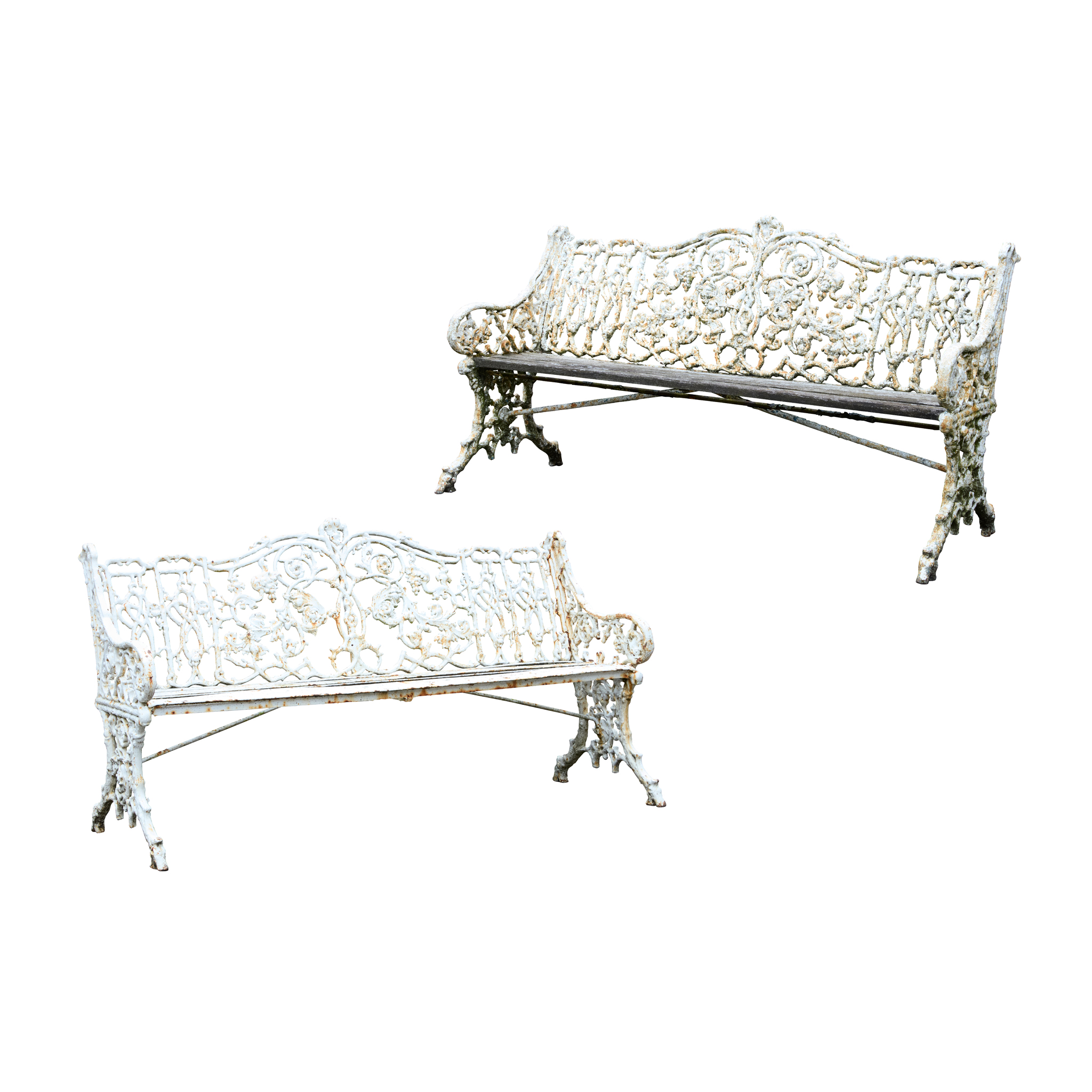 MATCHED PAIR OF COALBROOKDALE 'RUSTIC' PATTERN CAST IRON GARDEN BENCHES