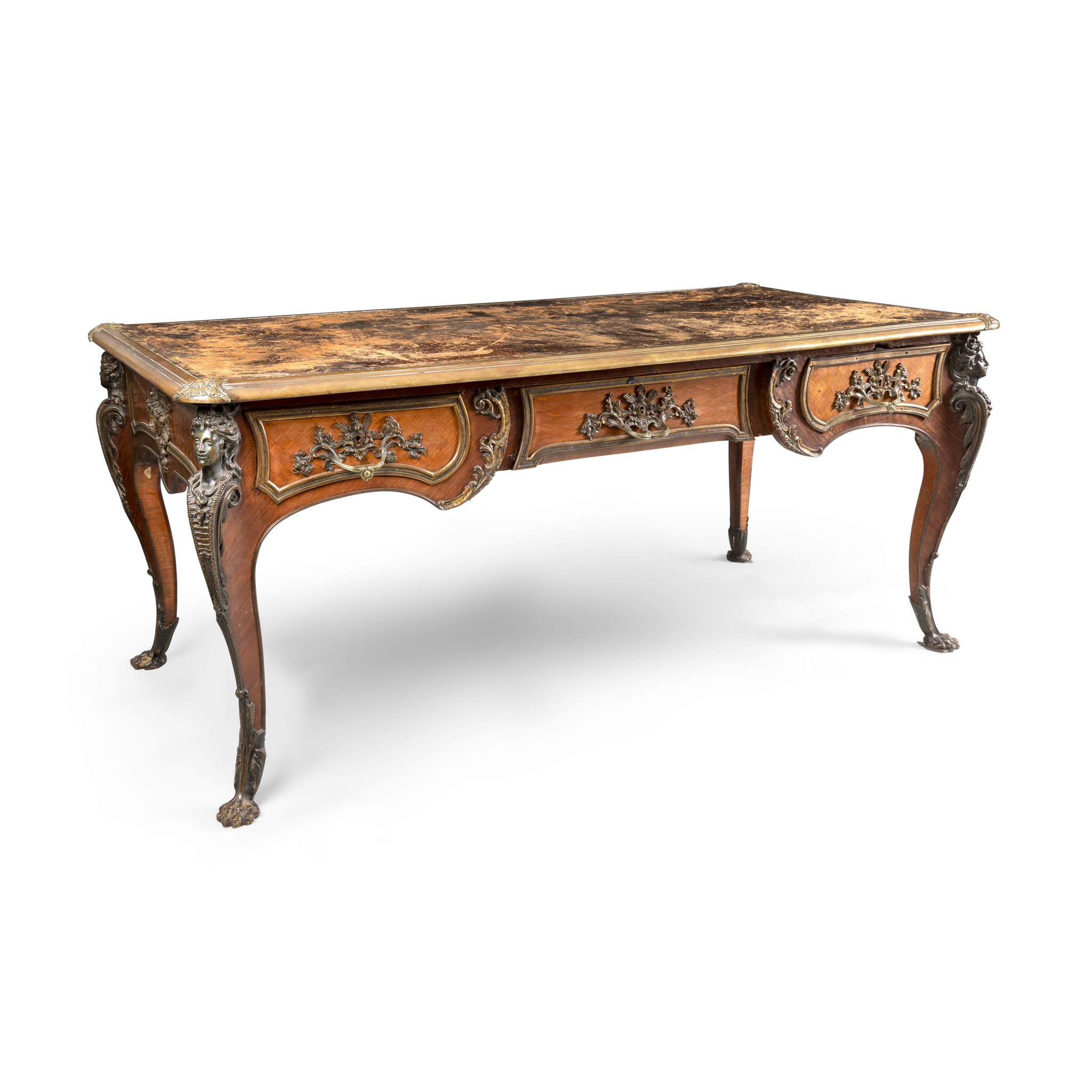 A FRENCH KINGWOOD AND PARQUETRY BUREAU PLAT