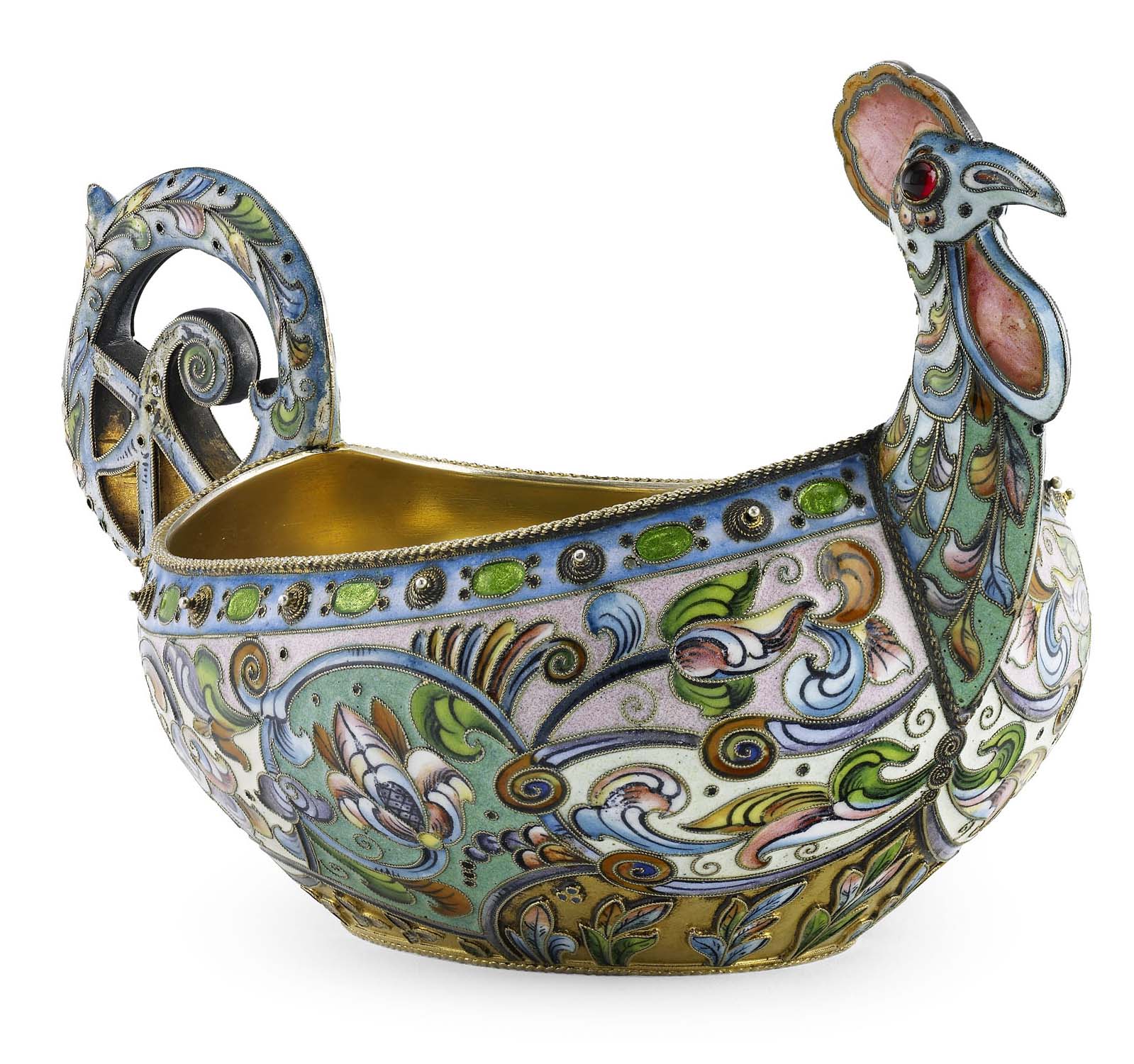 A Russian silver-gilt and shaded cloisonné enamel kovsch