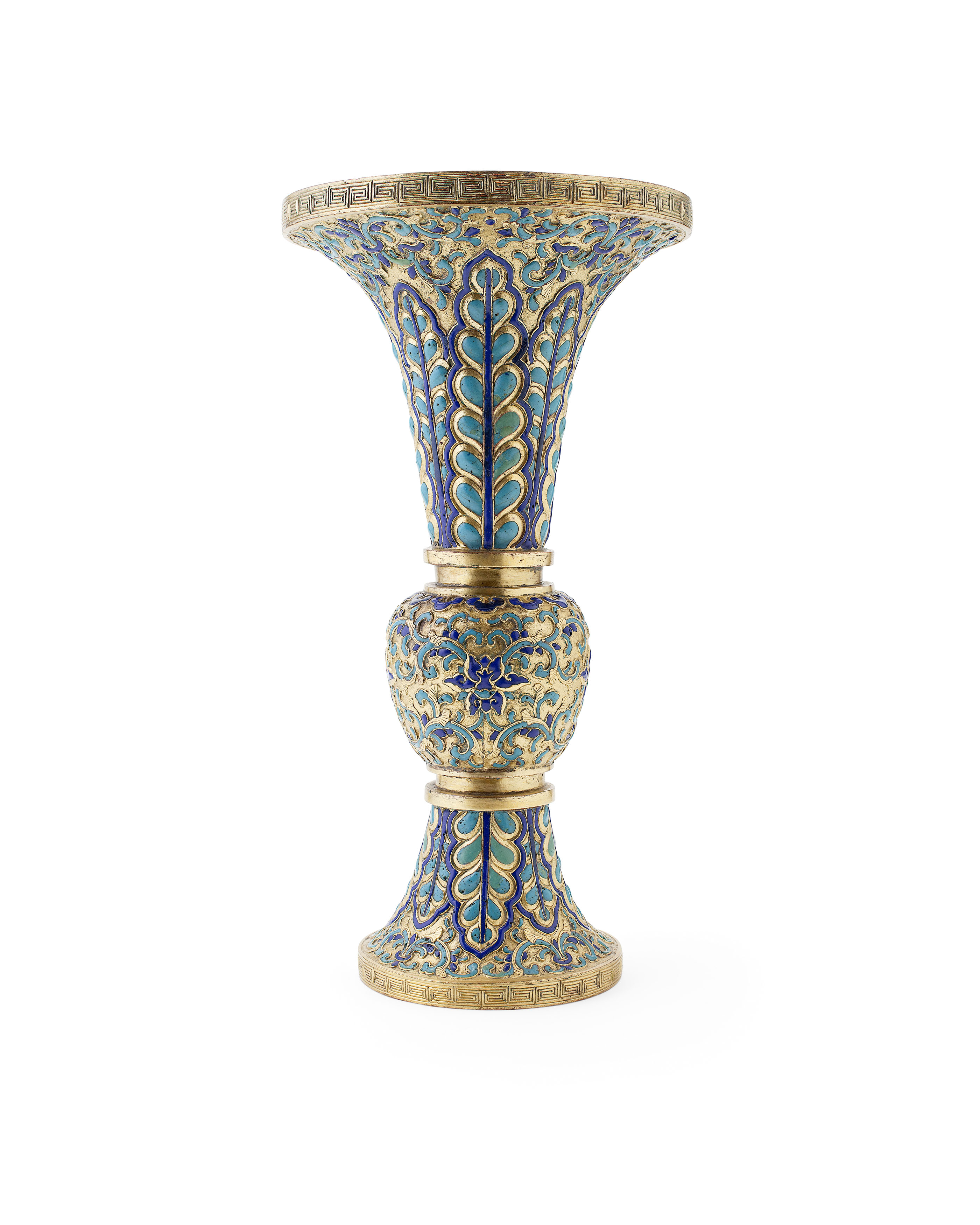 CHINESE ENAMEL AND GILT BRONZE GU FORM VASE
