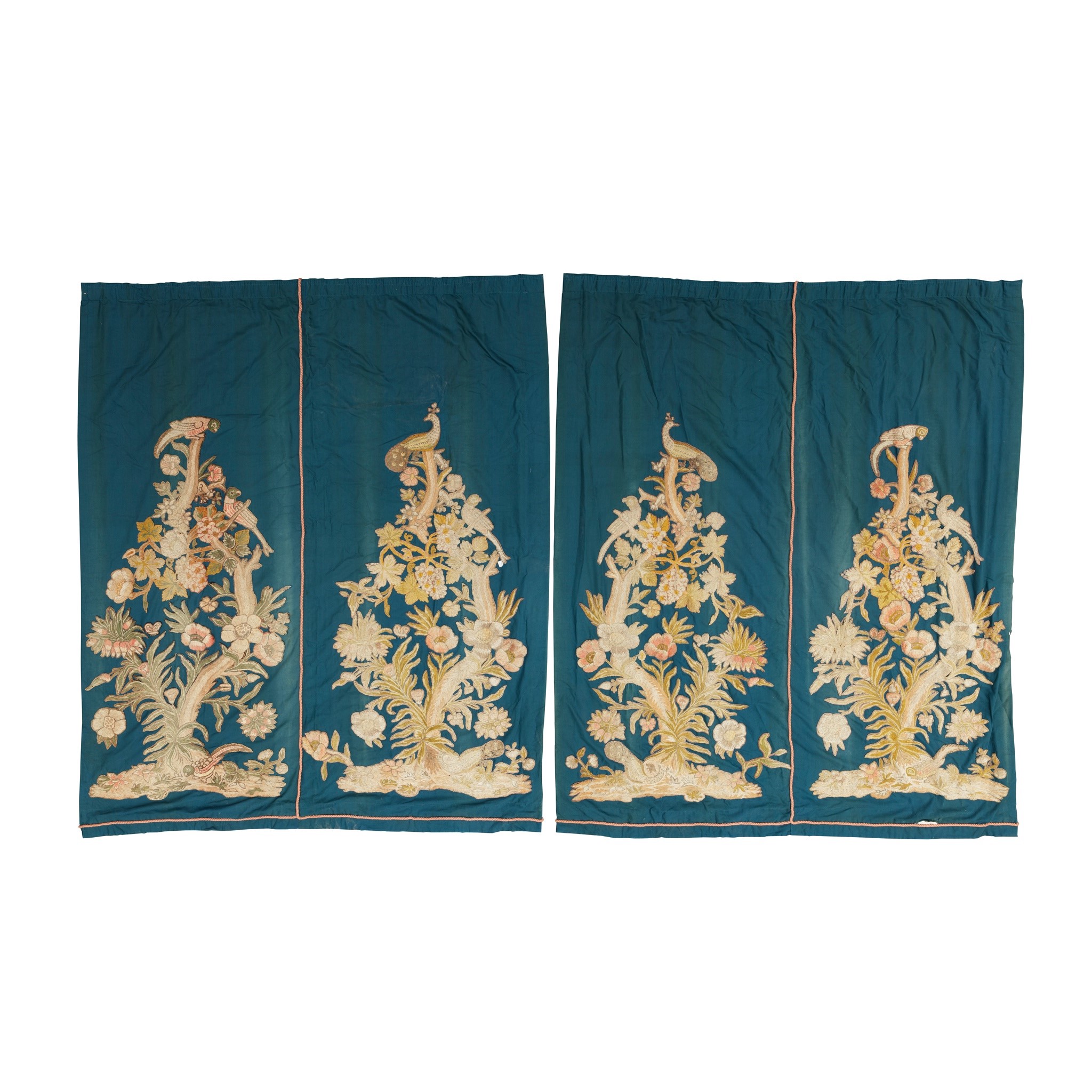 PAIR OF ENGLISH CREWEL WORK APPLIQUE WOOL DRAPERY PANELS
