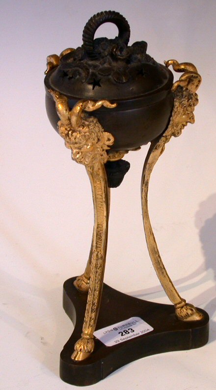 An 18th century style bronze and gilt metal mounted lidded censer,