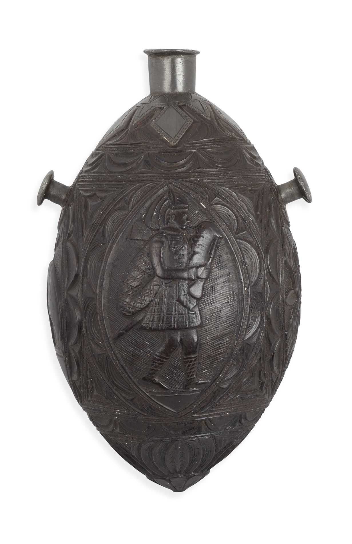 CARVED COCONUT FLASK OF SCOTTISH INTEREST