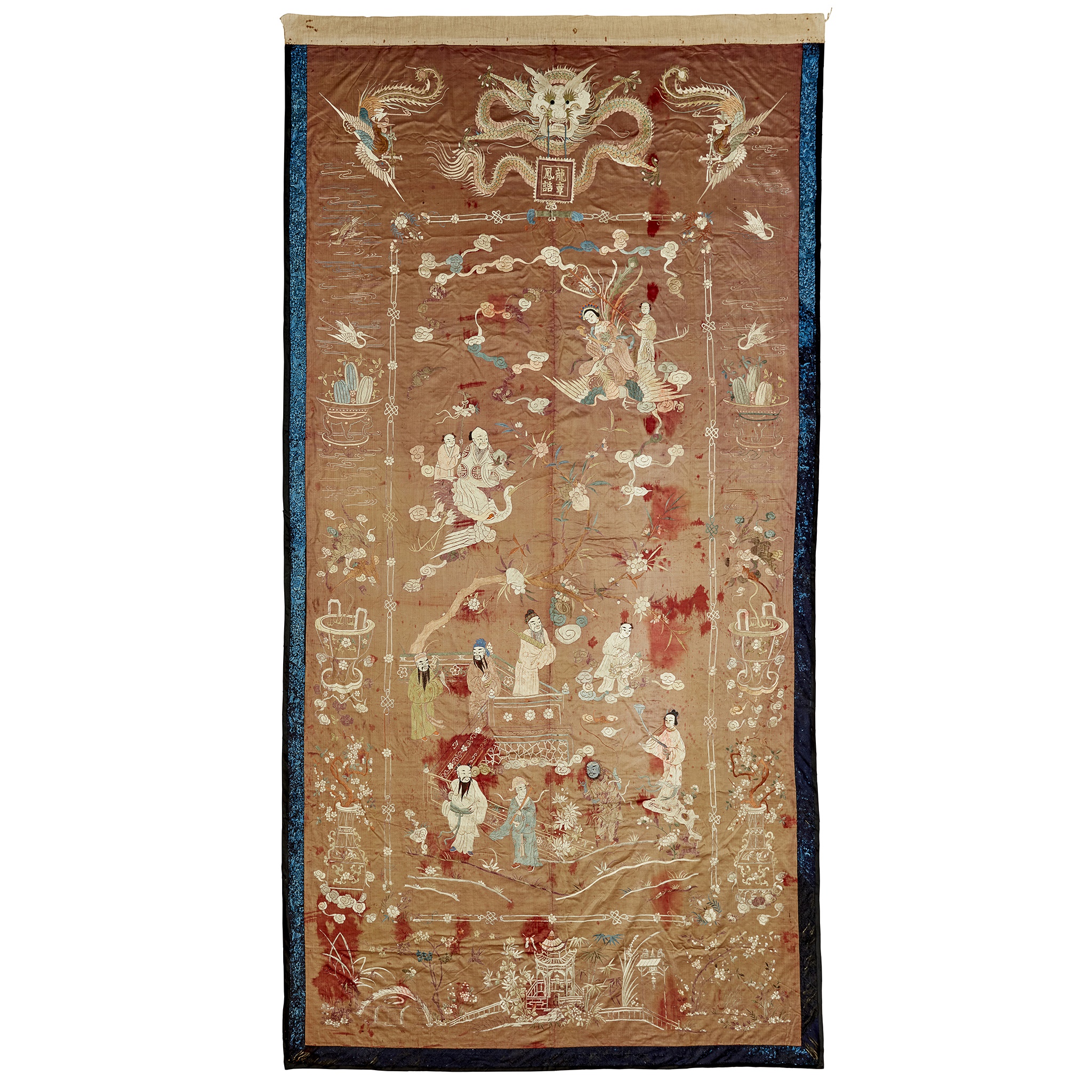 MASSIVE CINNAMON GROUND SILK EMBROIDERED 'LONGEVITY' HANGING PANEL