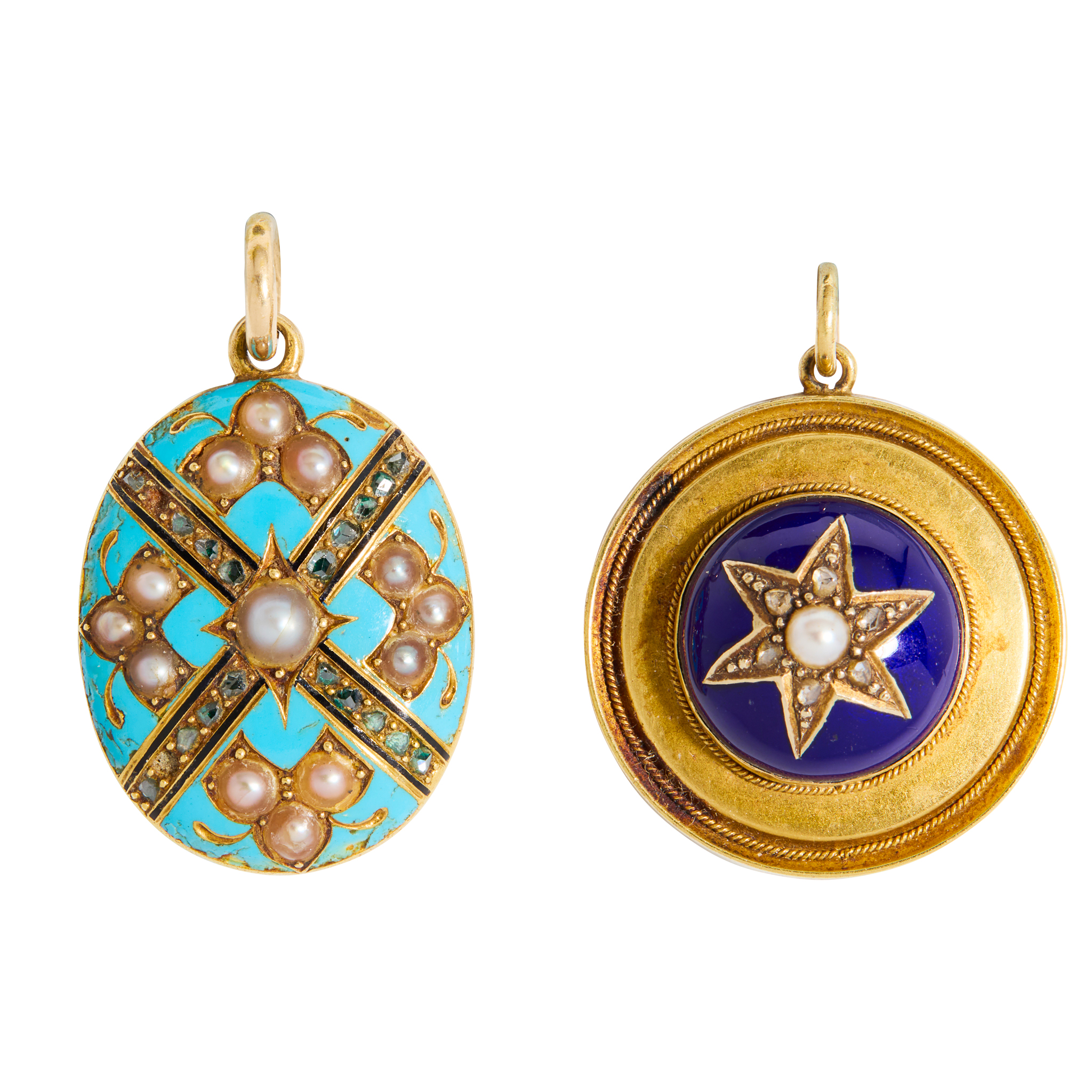 Two 19th century enamel and pearl pendants