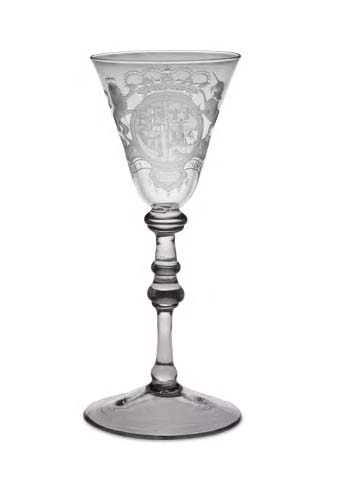 A Dutch engraved Royal armorial light baluster goblet, circa 1760,